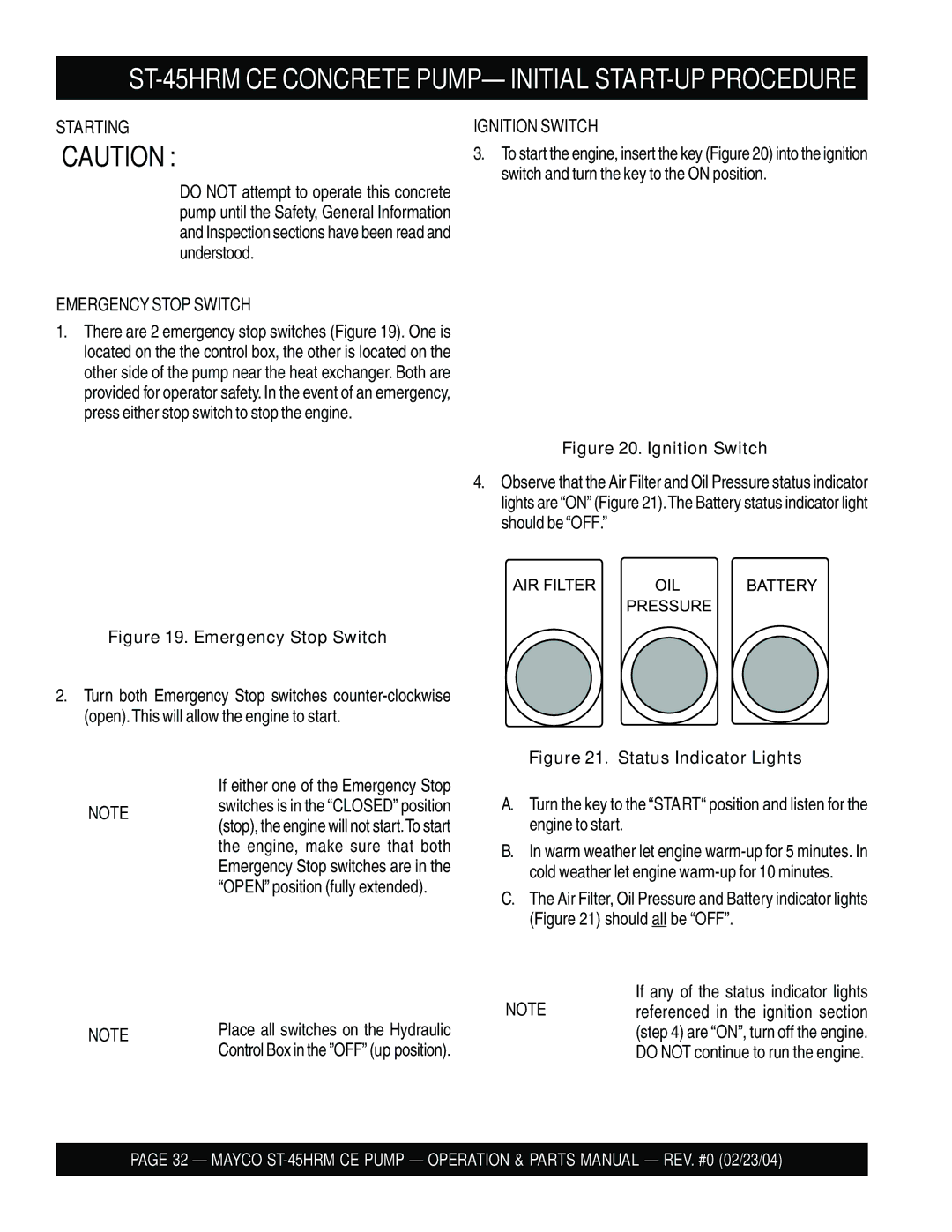 Multiquip manual ST-45HRM CE Concrete PUMP- Initial START-UP Procedure, Starting, Emergency Stop Switch, Ignition Switch 