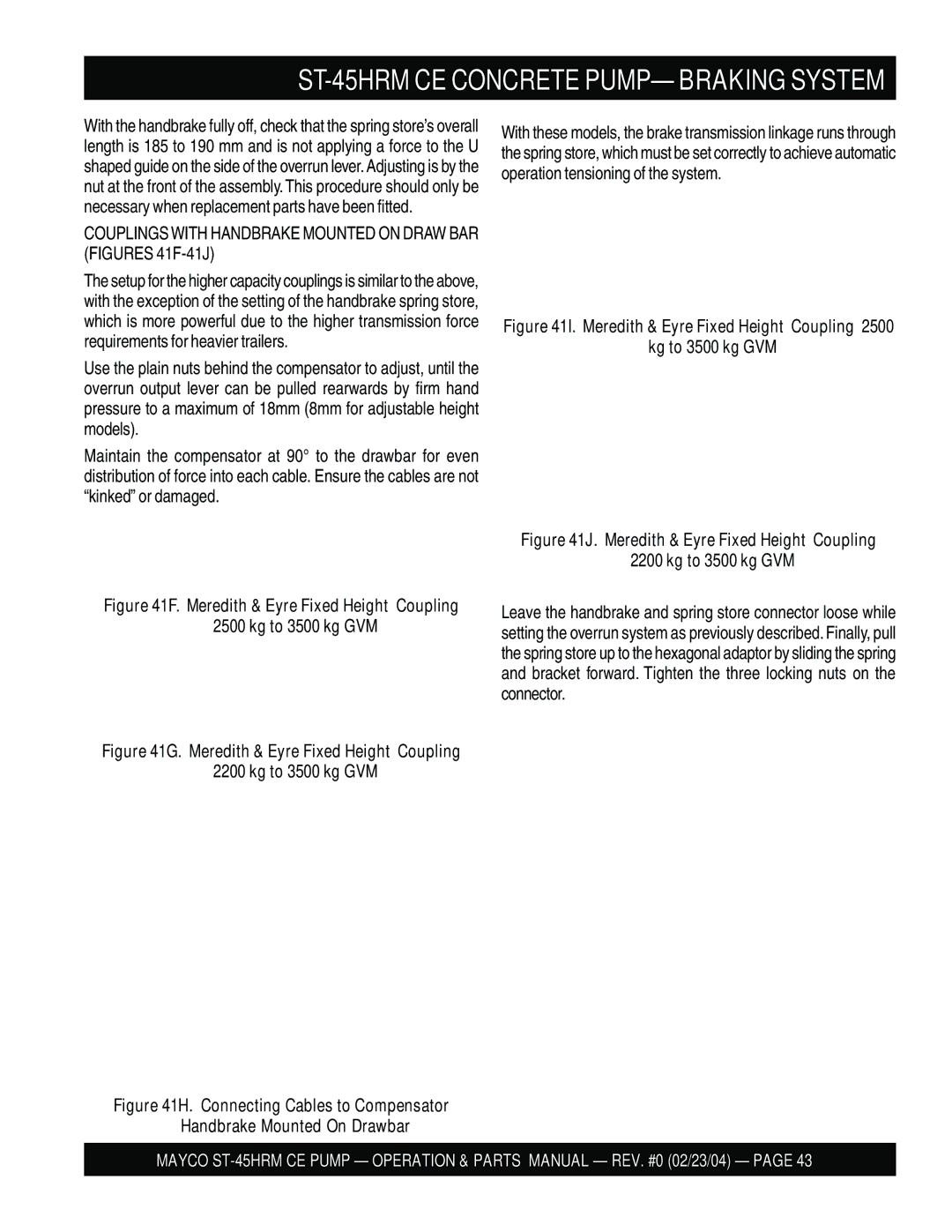 Multiquip ST-45HRM CE manual Couplings with Handbrake Mounted on Draw BAR Figures 41F-41J 