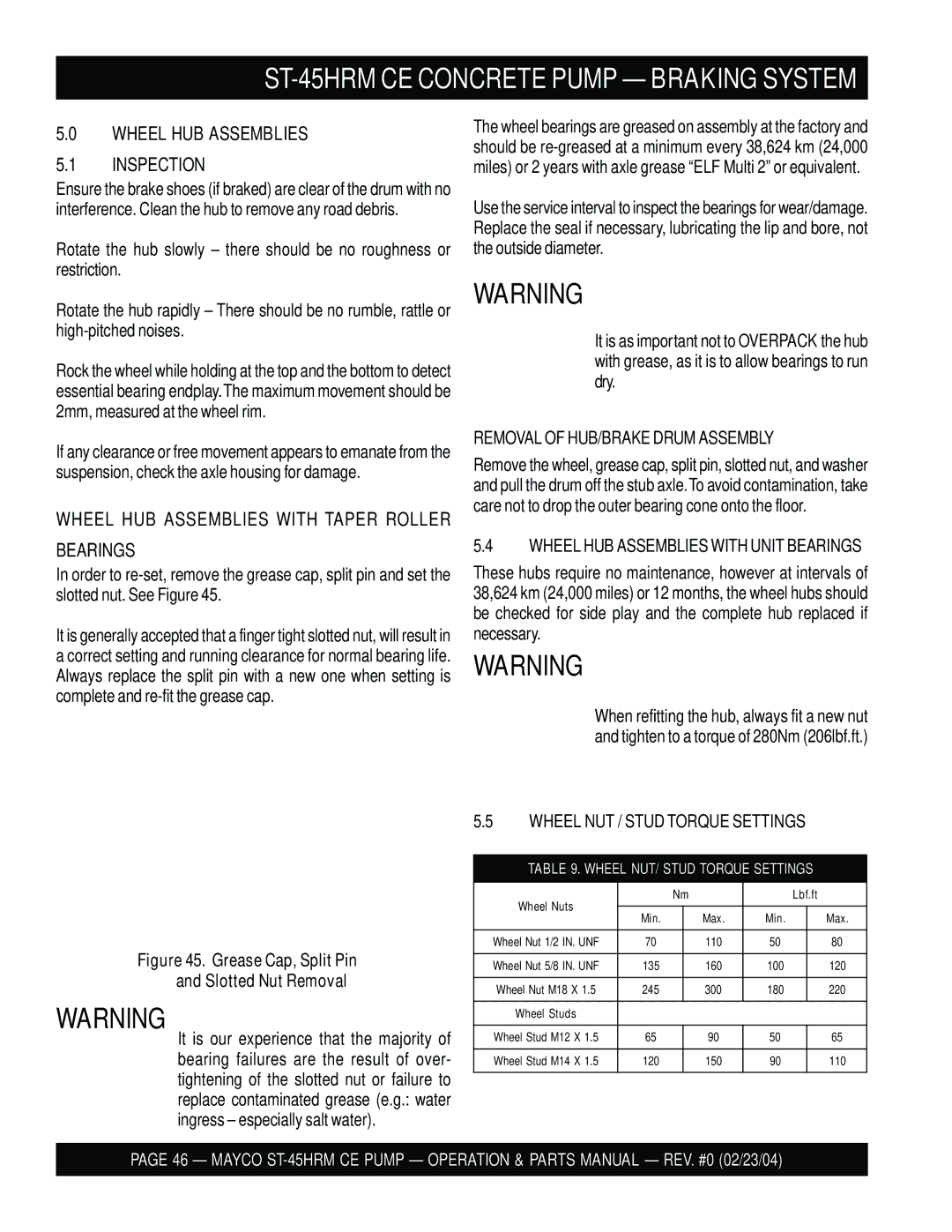 Multiquip ST-45HRM CE manual Inspection, Bearings 