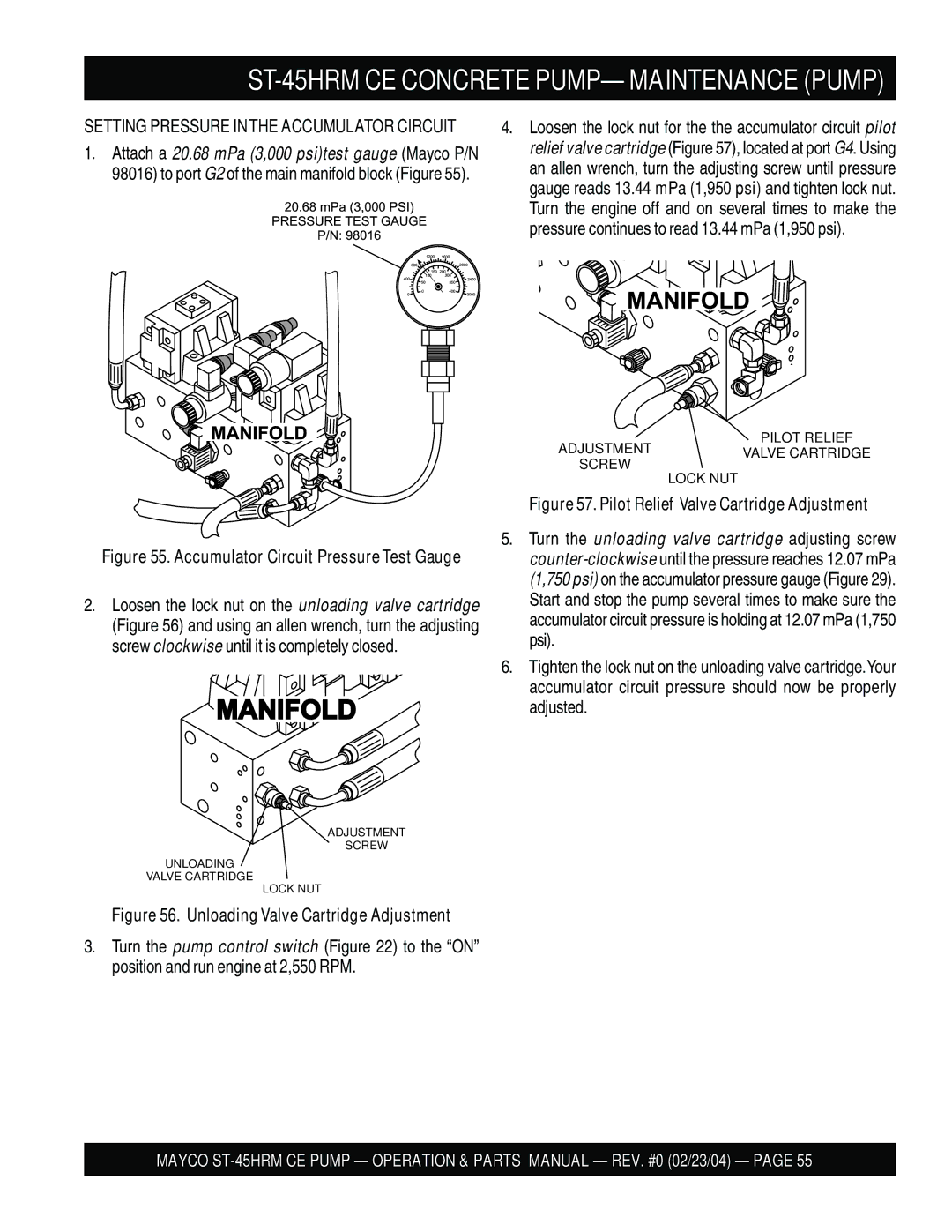 Multiquip ST-45HRM CE manual Pilot Relief Valve Cartridge Adjustment 