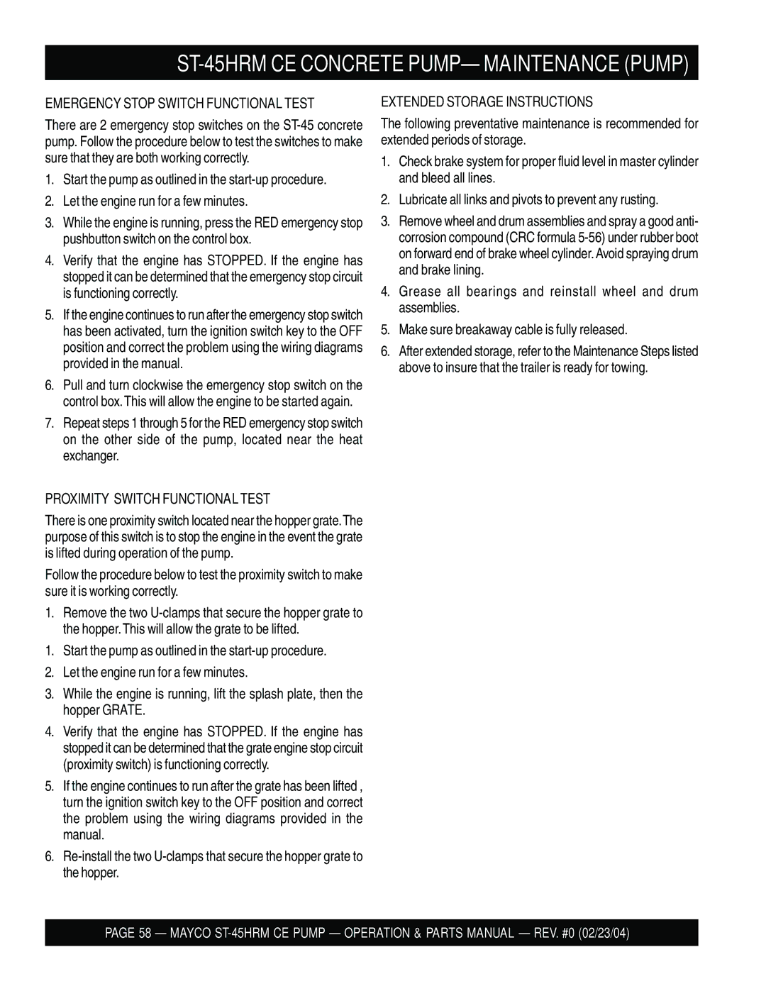 Multiquip ST-45HRM CE Emergency Stop Switch Functionaltest, Proximity Switch Functionaltest, Extended Storage Instructions 