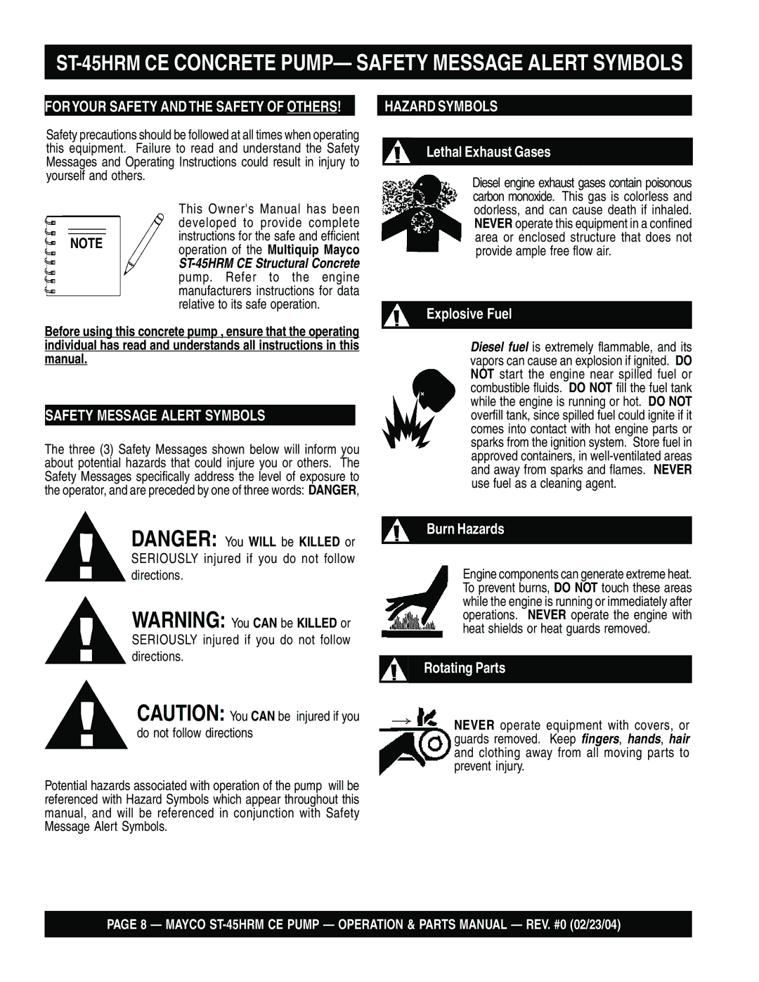 Multiquip ST-45HRM CE Concrete PUMP- Safety Message Alert Symbols, Seriously injured if you do not follow directions 