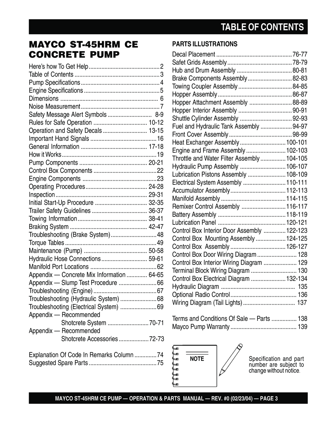 Multiquip ST-45HRM CE manual Table Of Contents, MAYCO ST-45HRMCE, Concrete Pump, Parts Illustrations 