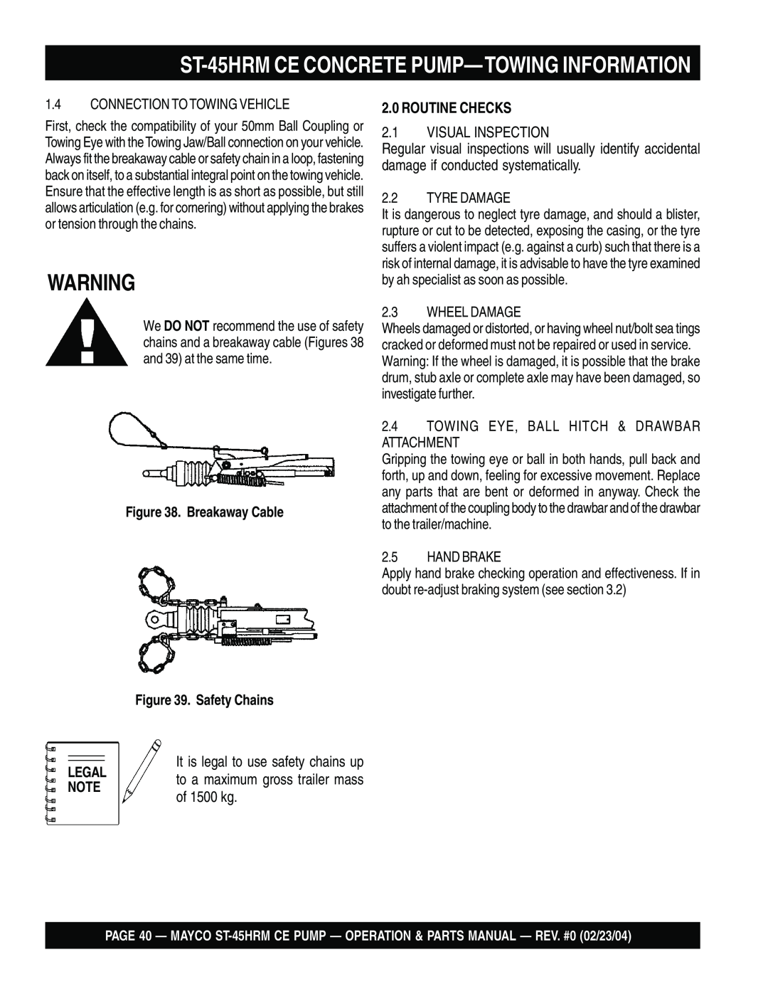 Multiquip ST-45HRM CE manual ST-45HRMCE CONCRETE PUMP—TOWINGINFORMATION, 2.0ROUTINE CHECKS, Breakaway Cable, Safety Chains 