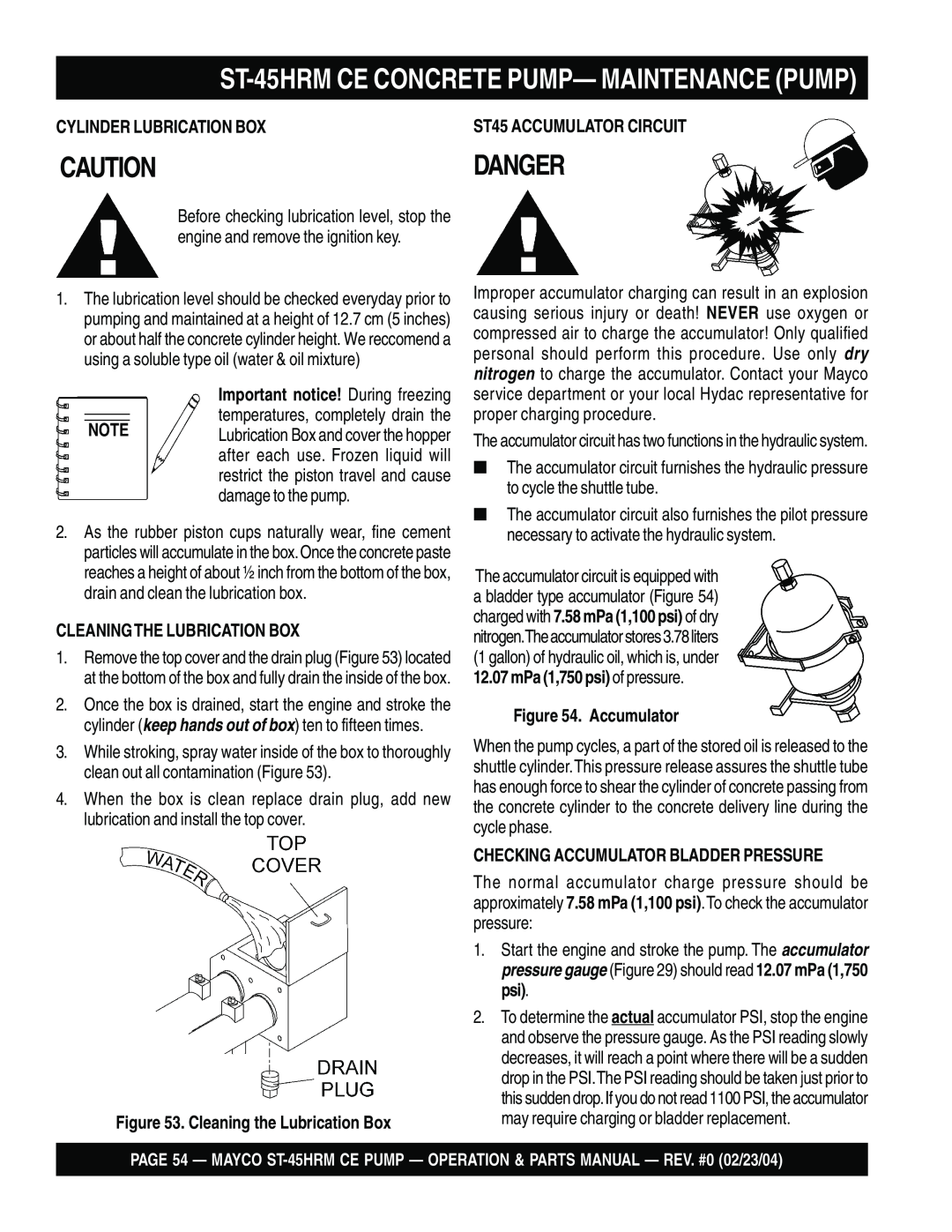 Multiquip ST-45HRM CE manual Danger, ST-45HRMCE CONCRETE PUMP— MAINTENANCE PUMP, Cylinder Lubrication Box, Accumulator 