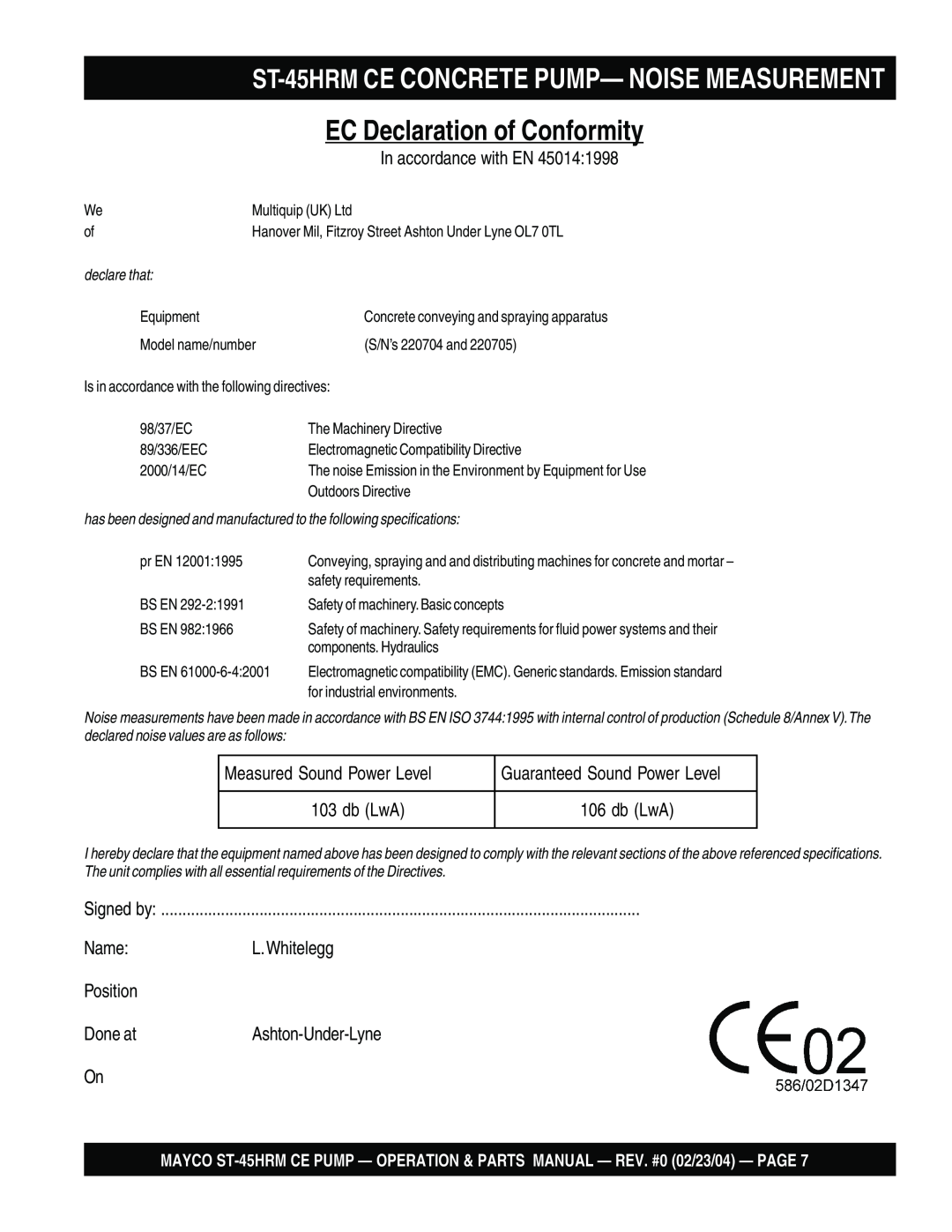 Multiquip ST-45HRM CE manual EC Declaration of Conformity, ST-45HRMCE CONCRETE PUMP— NOISE MEASUREMENT 