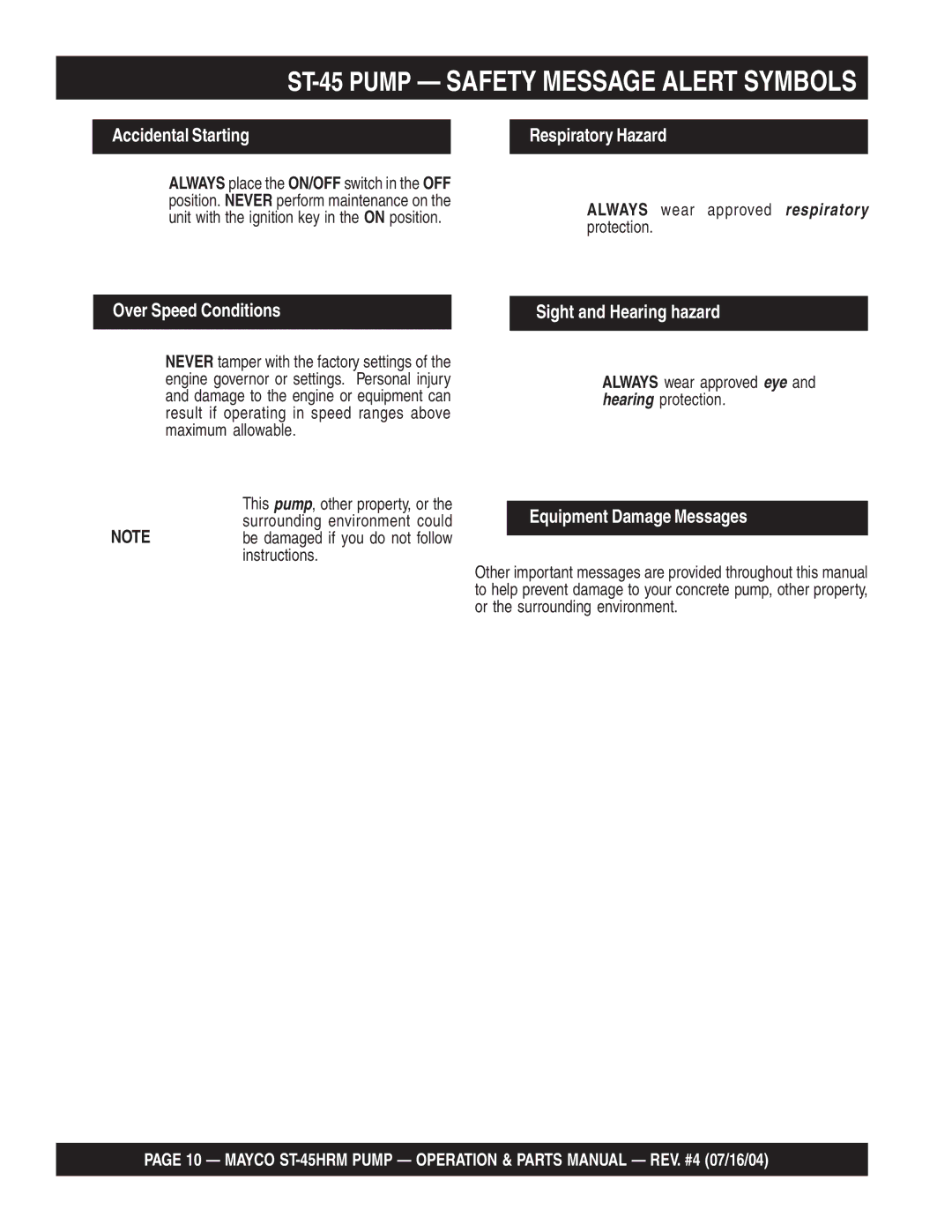 Multiquip ST-45HRM manual ST-45 Pump Safety Message Alert Symbols, Always wear approved respiratory protection 