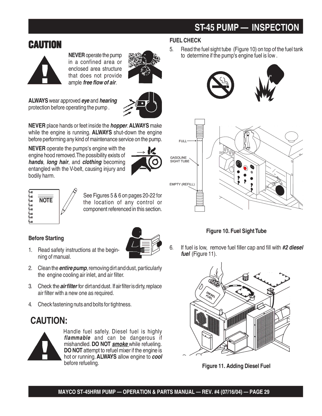 Multiquip ST-45HRM manual ST-45 Pump Inspection, Fuel Check, Before Starting, Check fastening nuts and bolts for tightness 