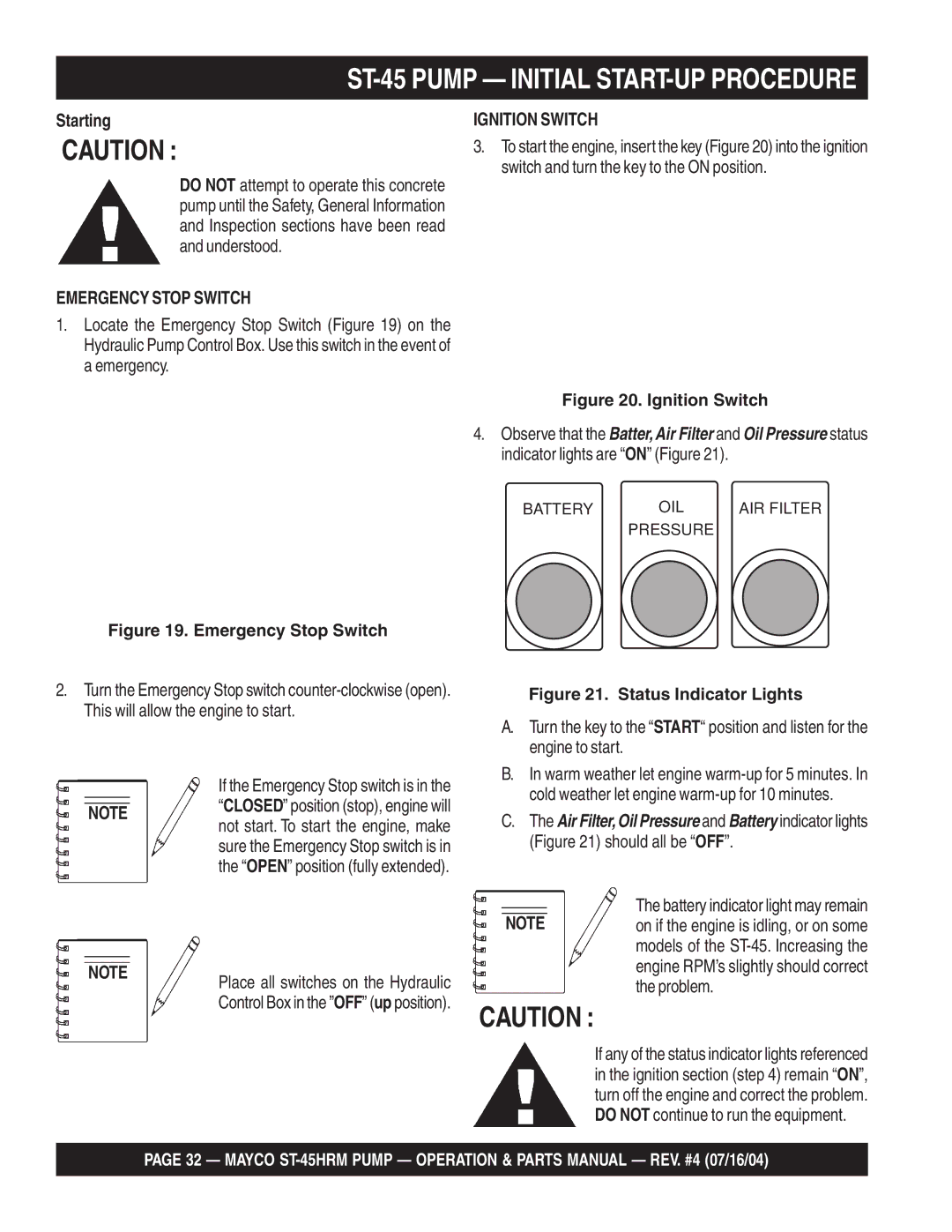 Multiquip ST-45HRM manual ST-45 Pump Initial START-UP Procedure, Starting, Emergency Stop Switch, Ignition Switch 