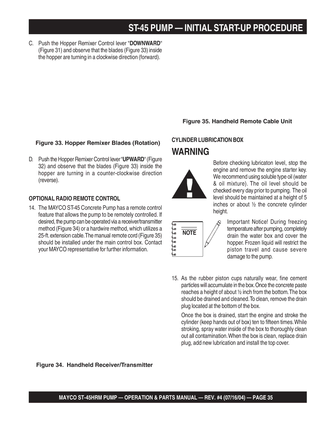 Multiquip ST-45HRM manual ST-45 Pump Initial START-UP Procedure, Optional Radio Remote Control, Cylinder Lubrication BOX 