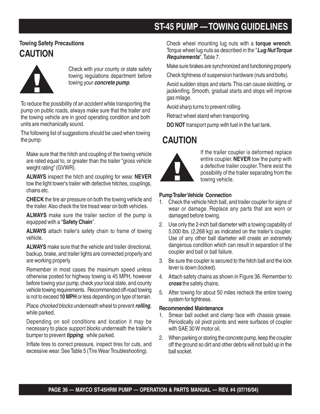 Multiquip ST-45HRM manual ST-45 Pump -TOWING Guidelines, PumpTrailerVehicle Connection, Recommended Maintenance 