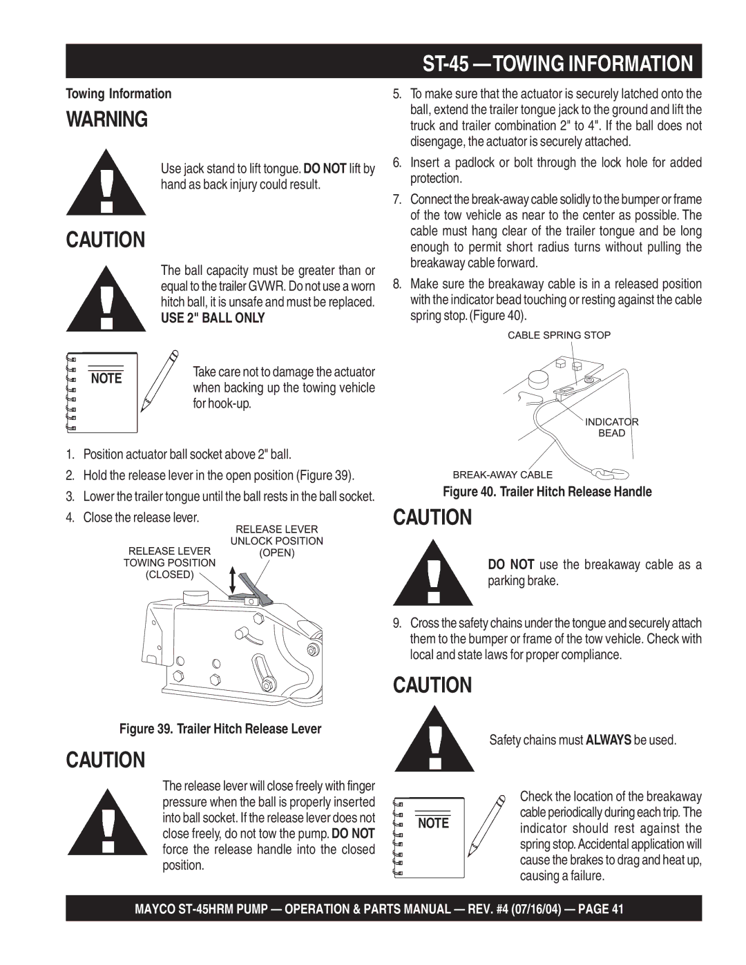 Multiquip ST-45HRM manual ST-45 -TOWING Information, Towing Information, USE 2 Ball only 
