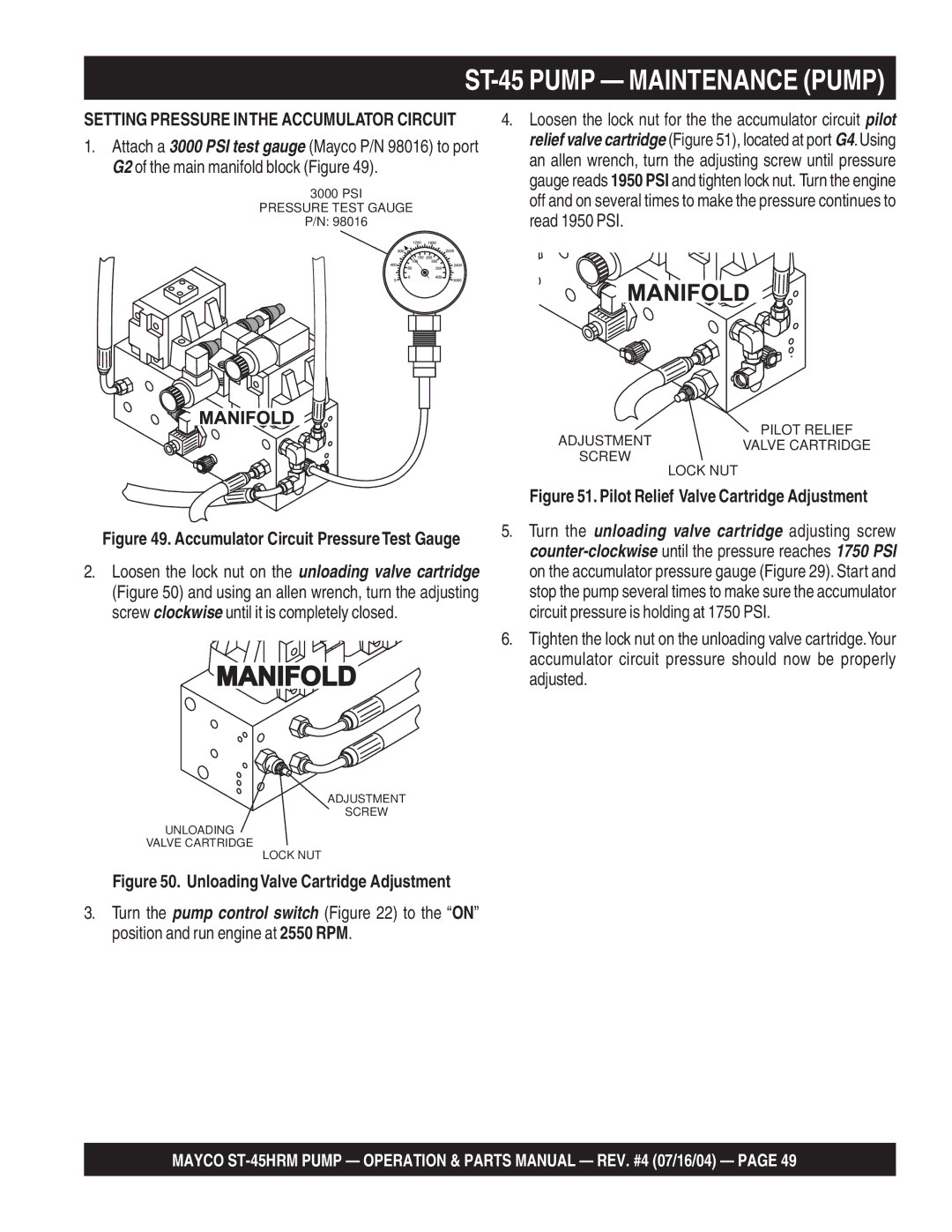 Multiquip ST-45HRM manual Pilot Relief Valve Cartridge Adjustment 