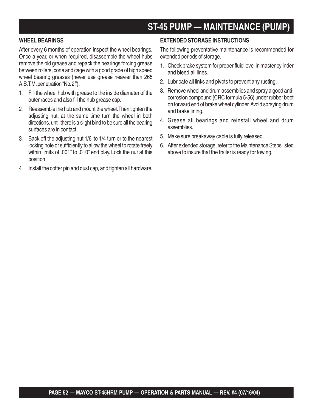 Multiquip ST-45HRM manual Wheel Bearings, Extended Storage Instructions 