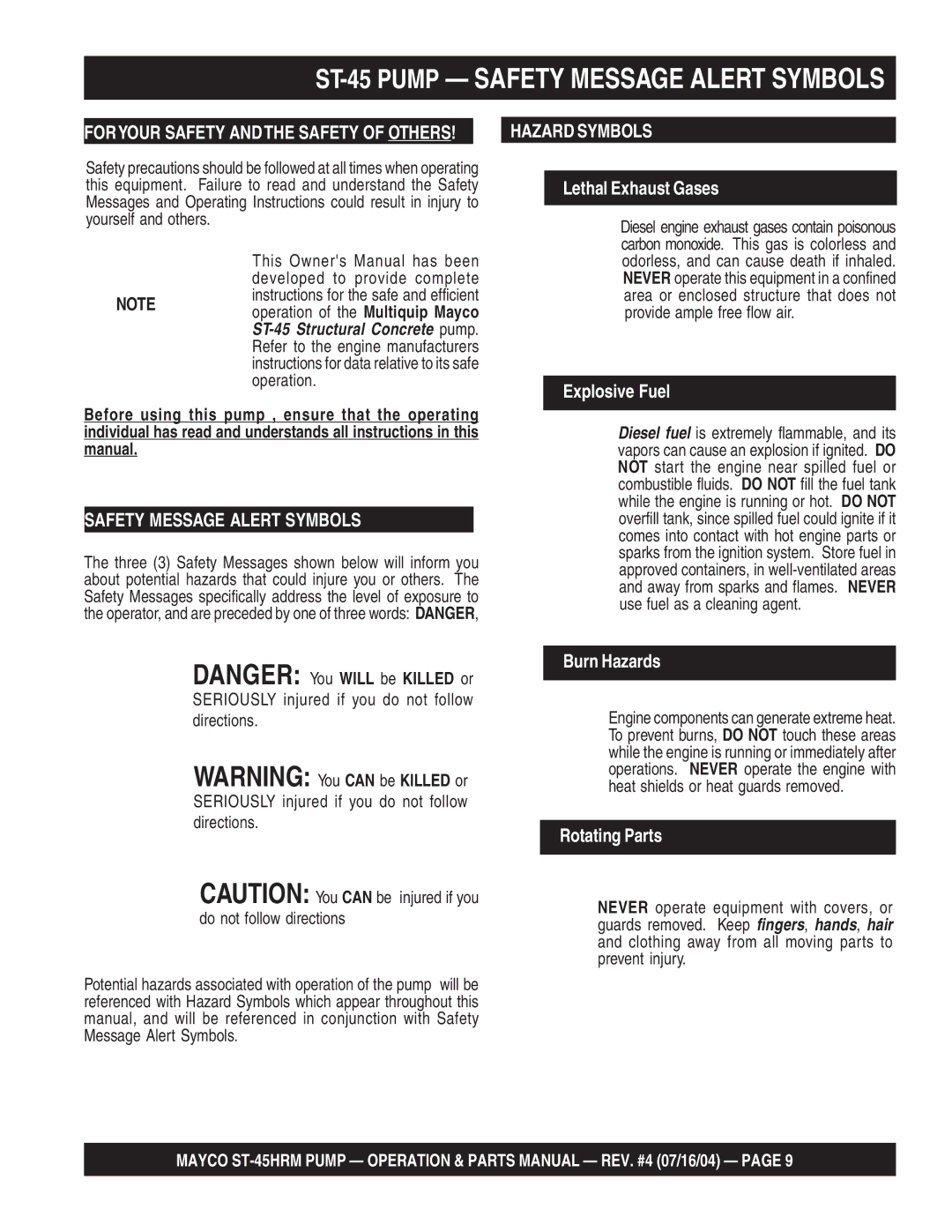 Multiquip ST-45HRM manual ST-45 Pump Safety Message Alert Symbols, Seriously injured if you do not follow directions 