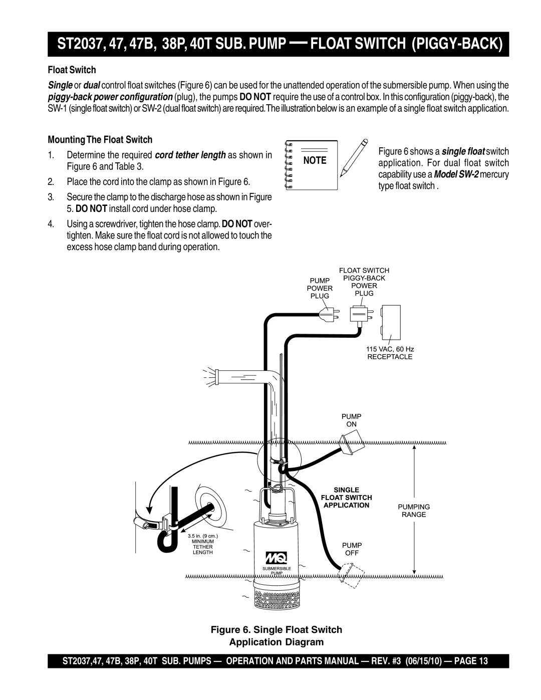 Multiquip ST2047, ST2038P, ST204B, ST2037, ST204OT manual Mounting The Float Switch 