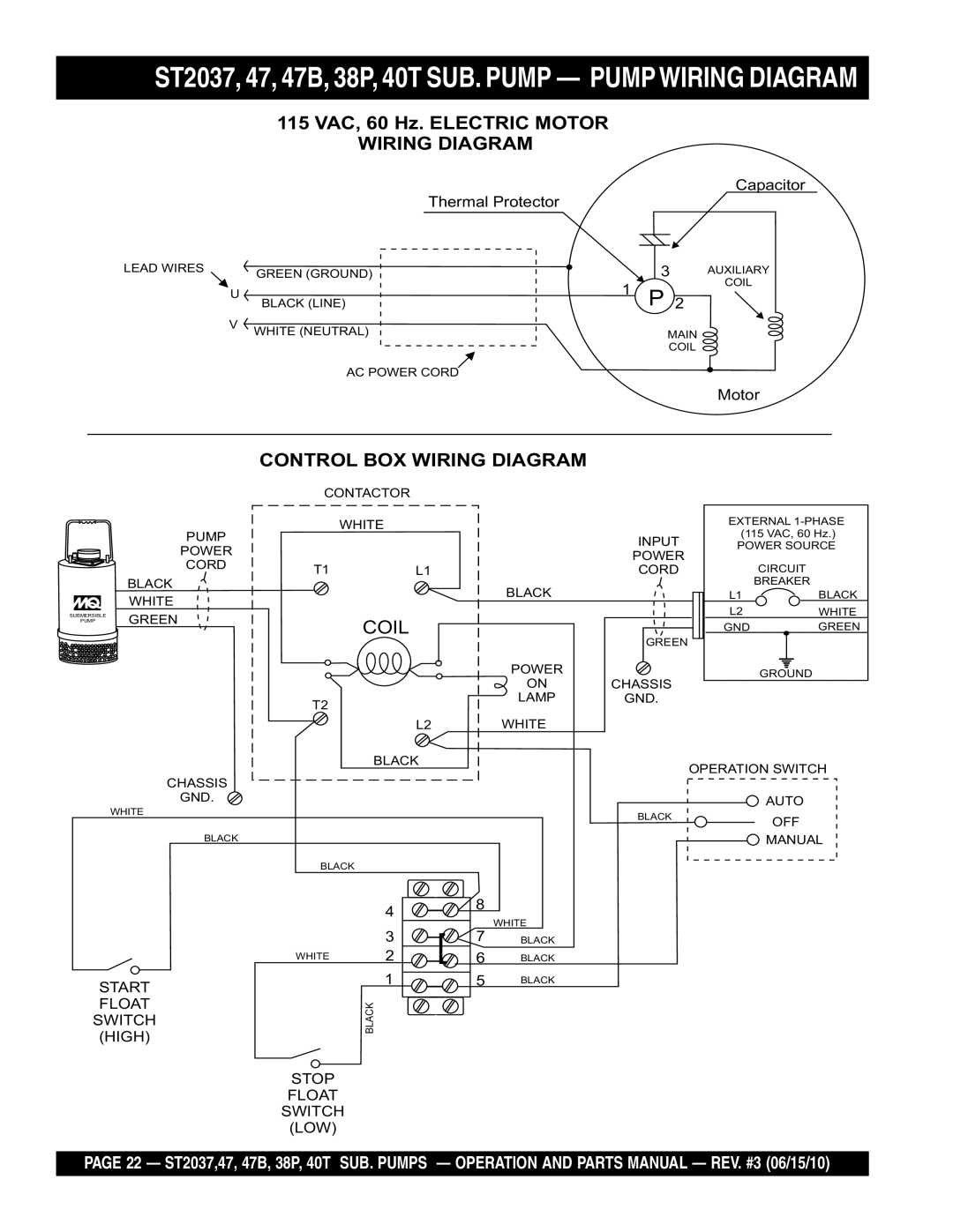 Multiquip ST2038P, ST204B, ST2047, ST204OT manual ST2037, 47, 47B, 38P, 40T SUB. Pump Pumpwiring Diagram 