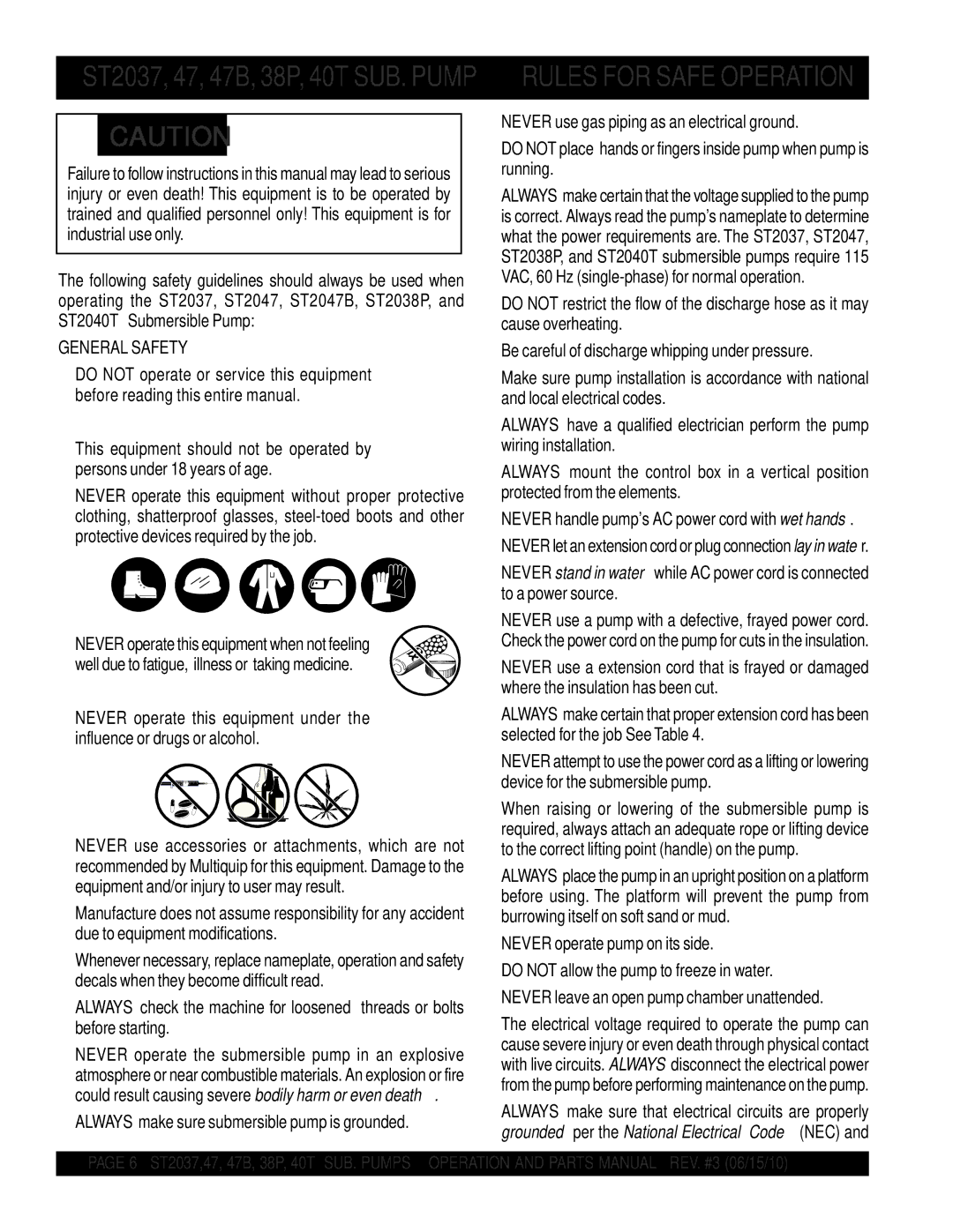 Multiquip ST204B, ST2038P, ST2037, ST2047, ST204OT manual General Safety 