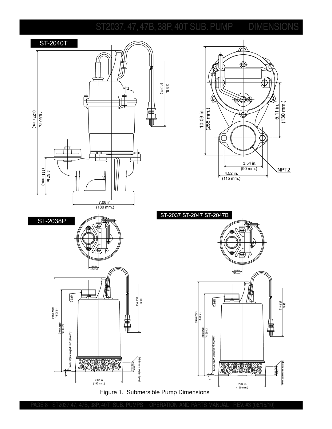 Multiquip ST2047, ST2038P, ST204B, ST204OT manual ST2037, 47, 47B, 38P, 40T SUB. Pump Dimensions 