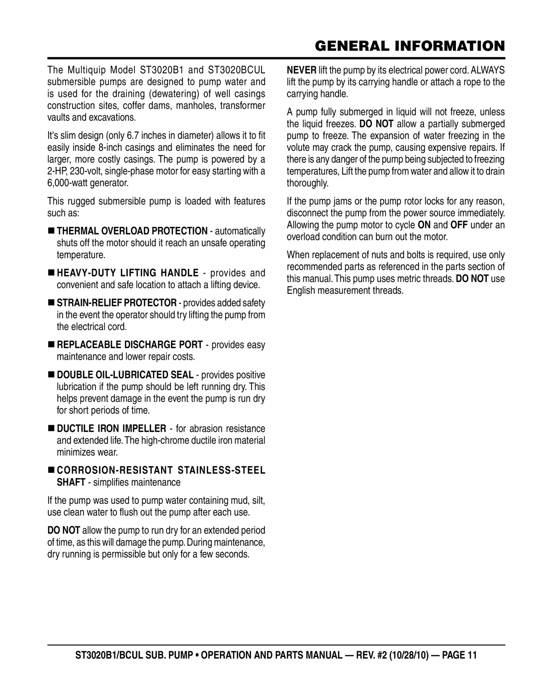 Multiquip st3020b1, st3020bcul General information, „„Corrosion-Resistant Stainless-Steel, Shaft simplifies maintenance 