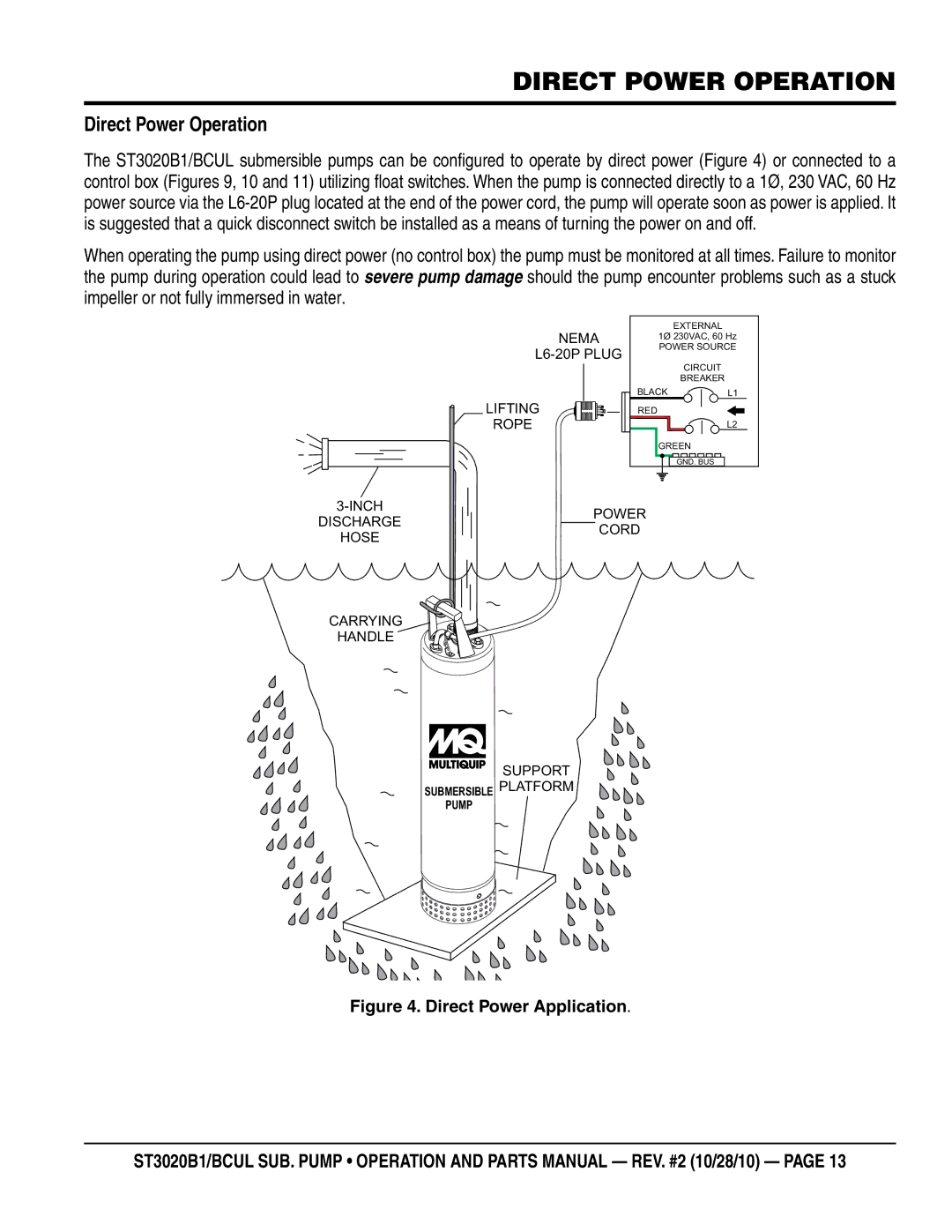 Multiquip st3020b1, st3020bcul manual Direct power operation, Direct Power Operation 