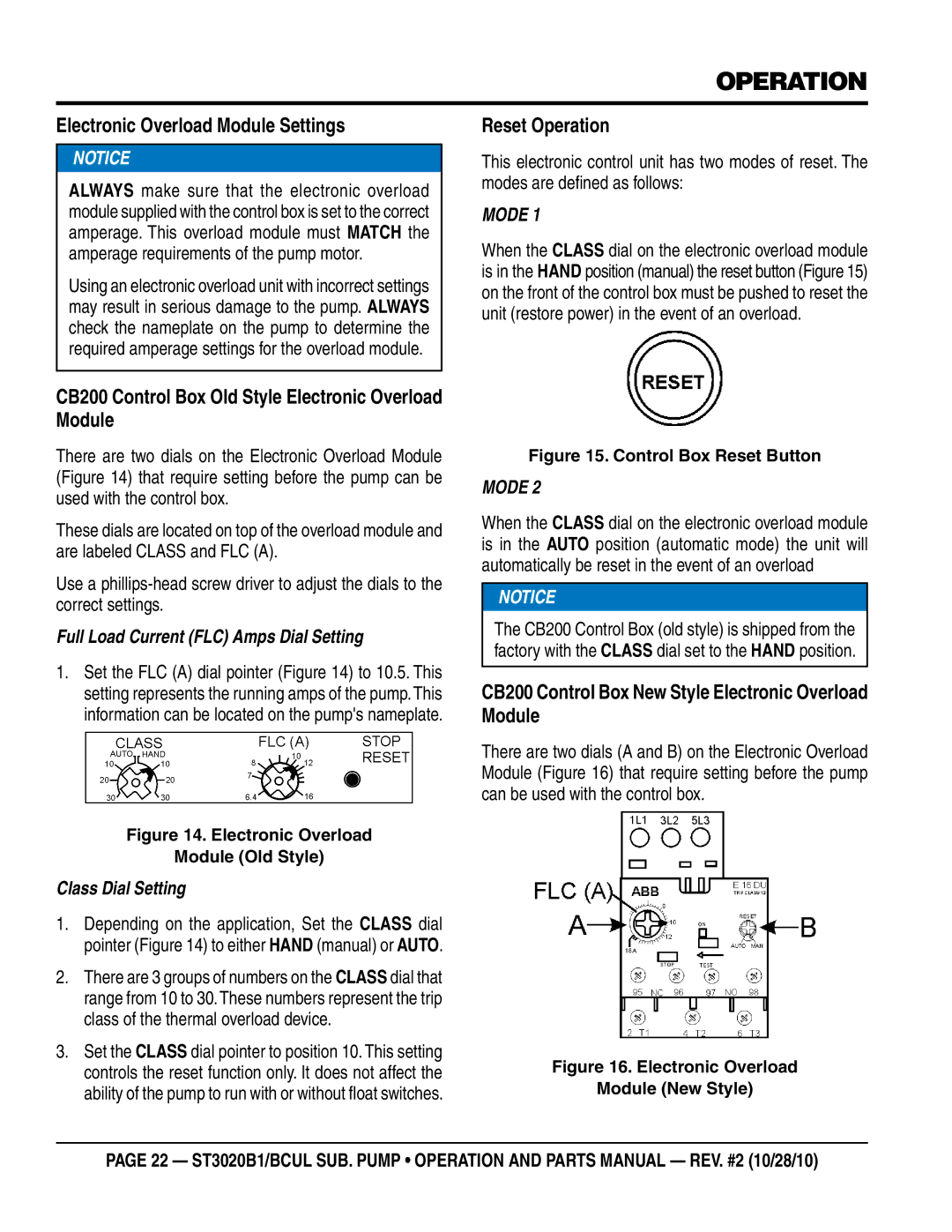 Multiquip st3020bcul, st3020b1 manual Electronic Overload Module Settings, Reset Operation 