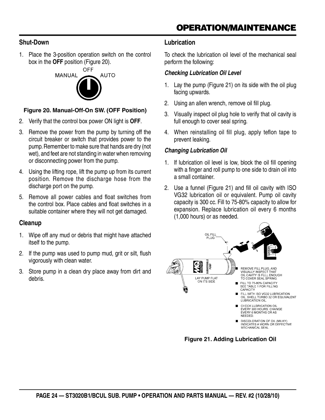 Multiquip st3020bcul, st3020b1 manual Operation/maintenance, Shut-Down, Cleanup, Lubrication 