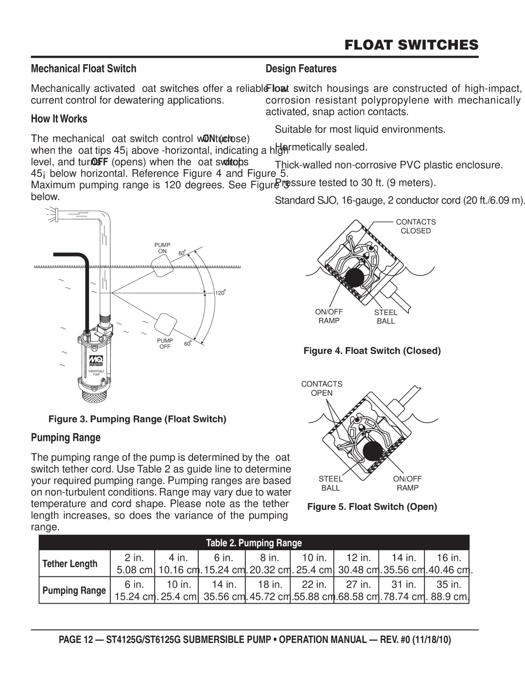 Multiquip ST6125G, ST4125G Float Switches, Mechanical Float Switch, How It Works, Pumping Range, Design Features 