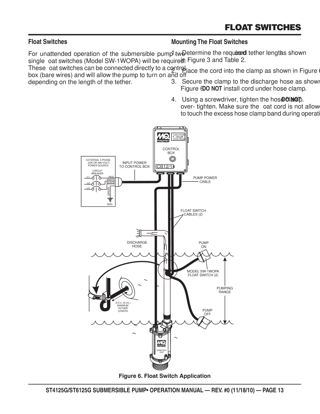 Multiquip ST4125G, ST6125G operation manual Mounting The Float Switches 