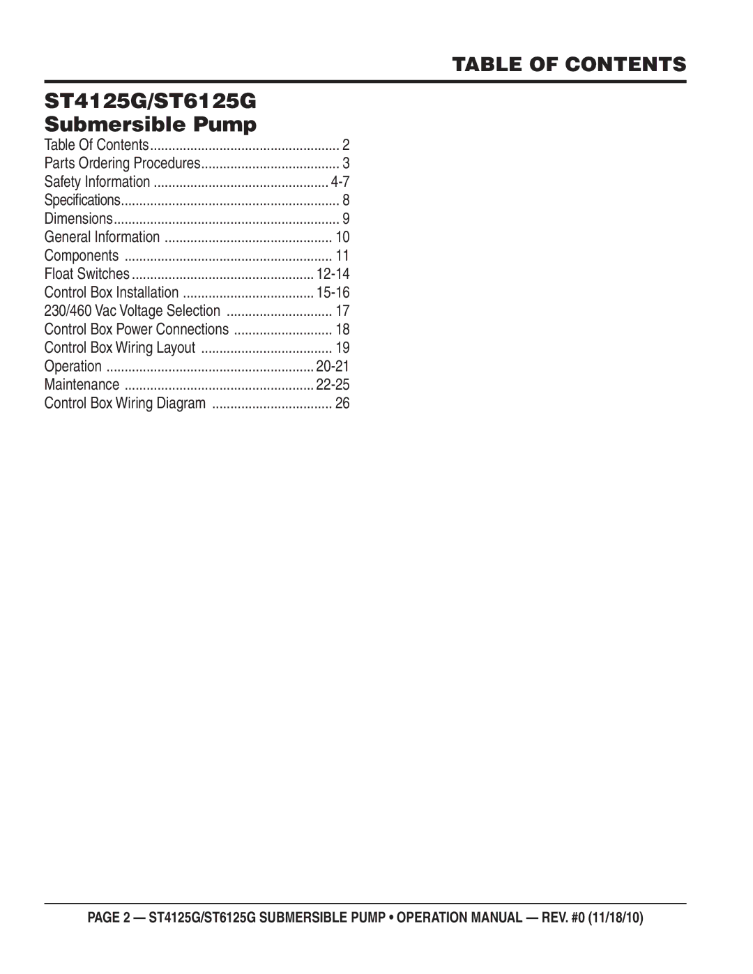 Multiquip operation manual ST4125G/ST6125G Submersible Pump, Table of Contents 