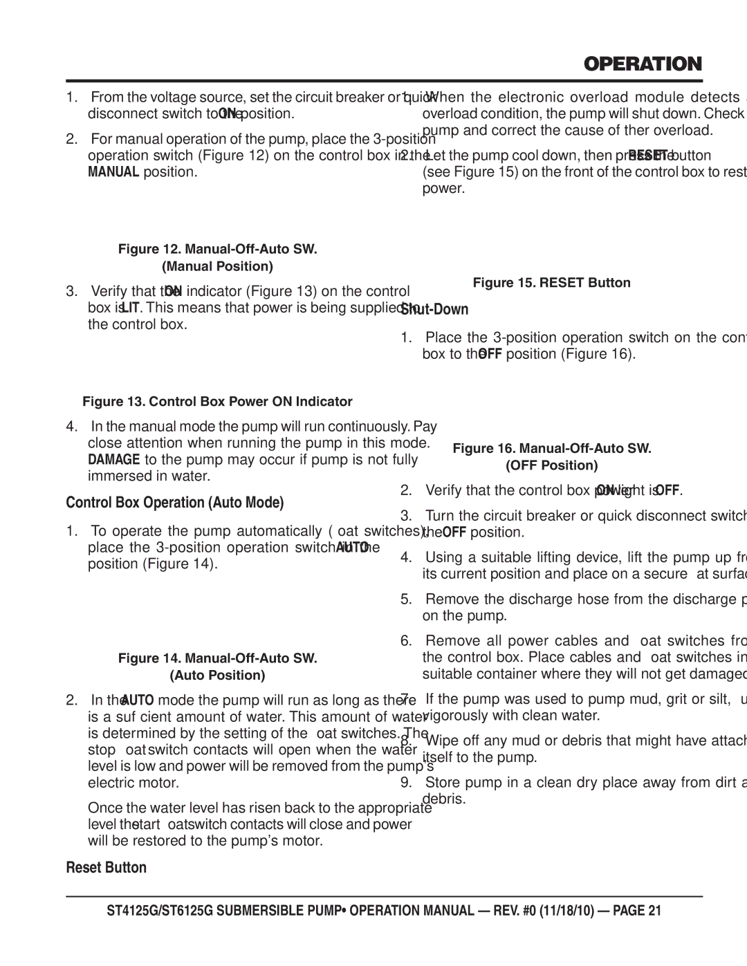 Multiquip ST4125G, ST6125G operation manual Control Box Operation Auto Mode, Reset Button, Shut-Down 