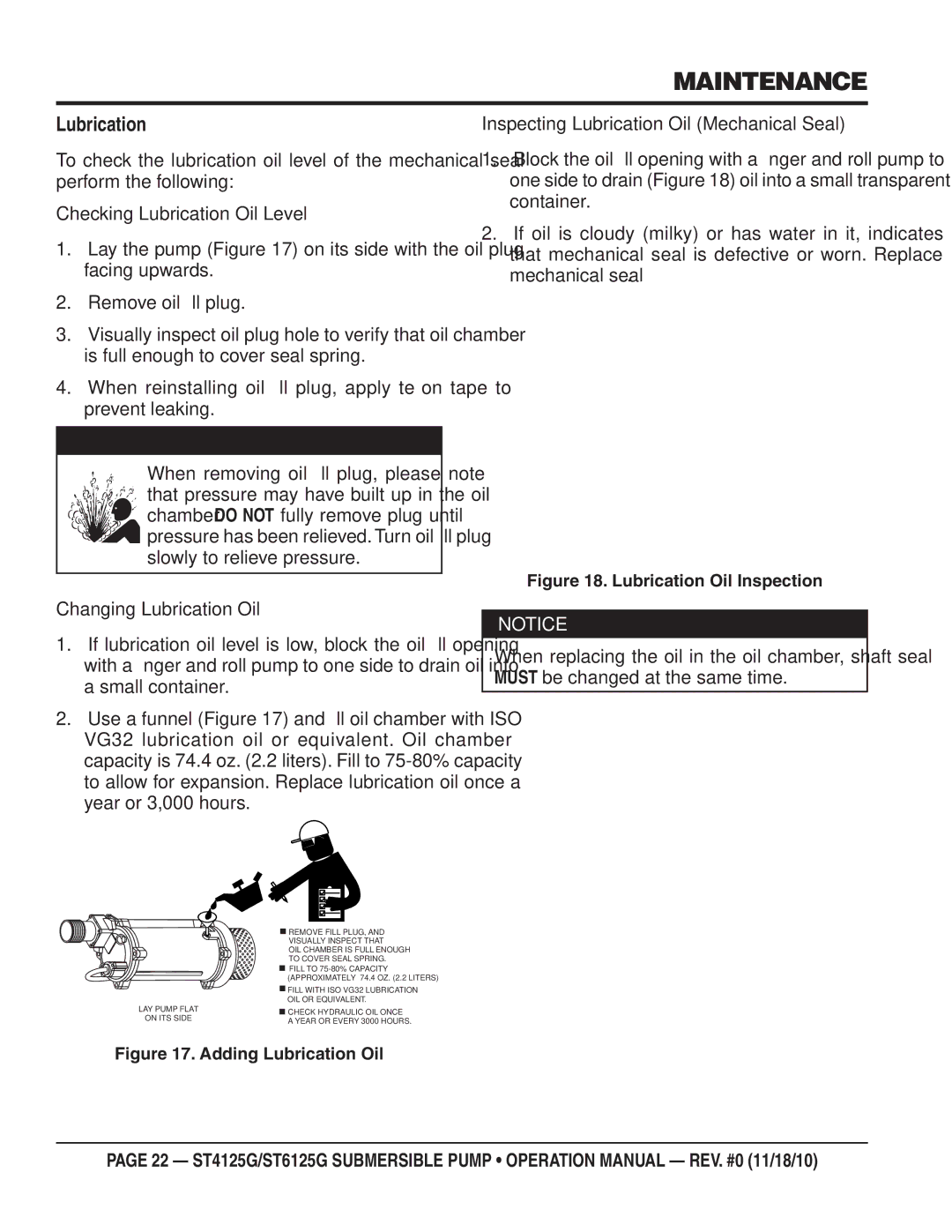 Multiquip ST6125G, ST4125G operation manual Maintenance, Lubrication 