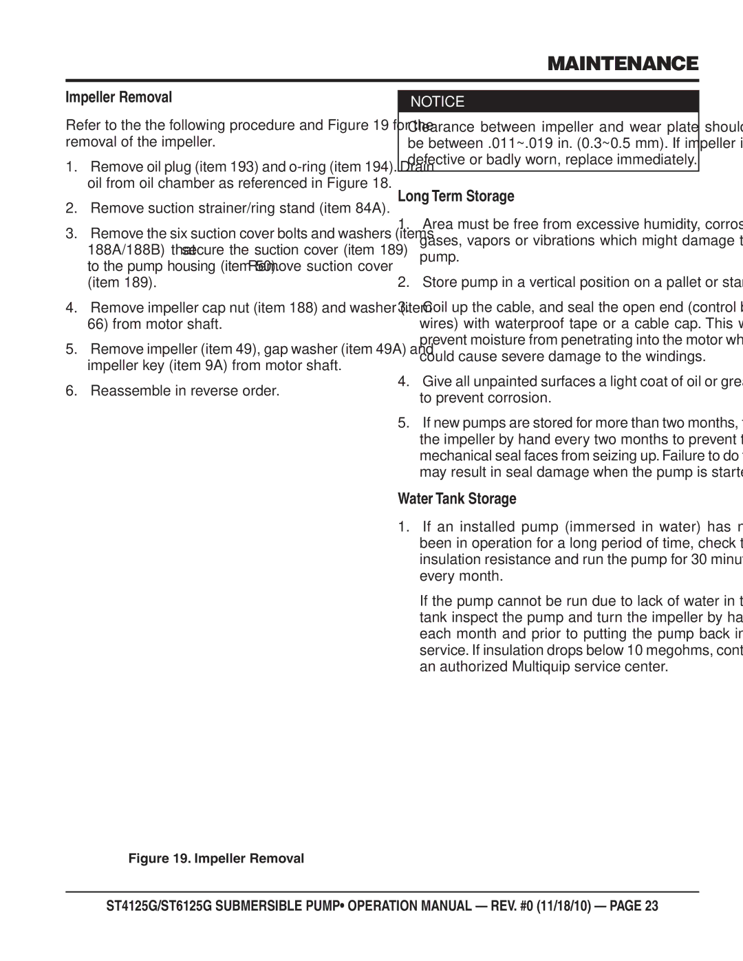 Multiquip ST4125G, ST6125G operation manual Impeller Removal, Long Term Storage, Water Tank Storage 