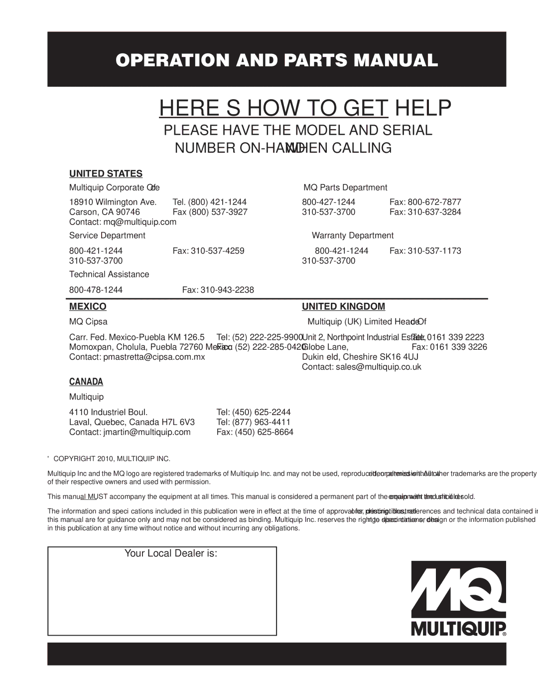 Multiquip ST6125G, ST4125G operation manual HERE’S HOW to GET Help 