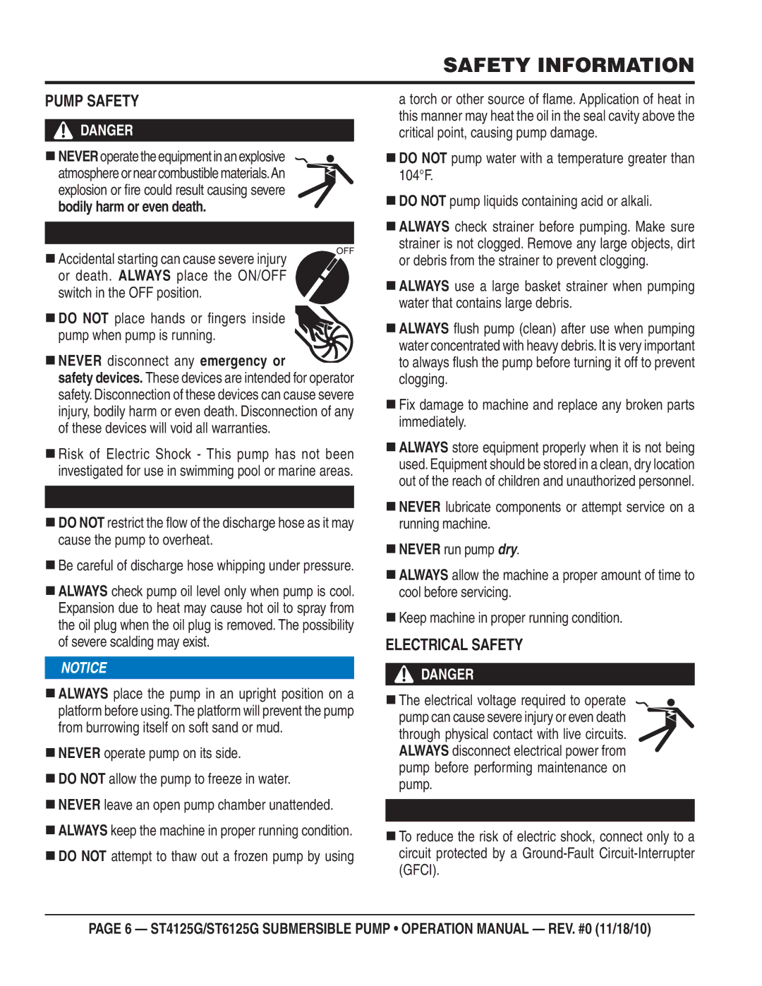 Multiquip ST6125G, ST4125G operation manual Pump Safety, Electrical Safety,  Never disconnect any emergency or 