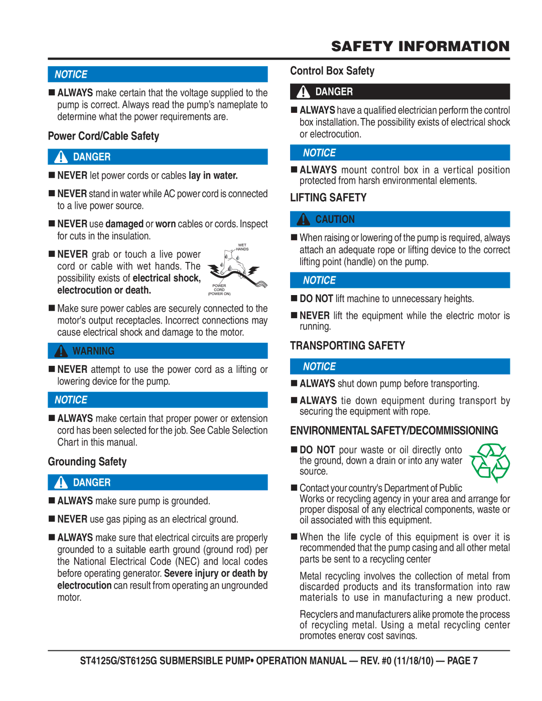 Multiquip ST4125G Power Cord/Cable Safety, Grounding Safety, Control Box Safety, Lifting Safety, Transporting Safety 