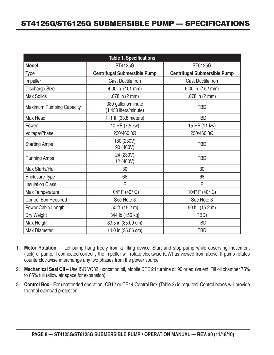 Multiquip operation manual ST4125G/ST6125G Submersible Pump Specifications, Speciﬁcations, Model 