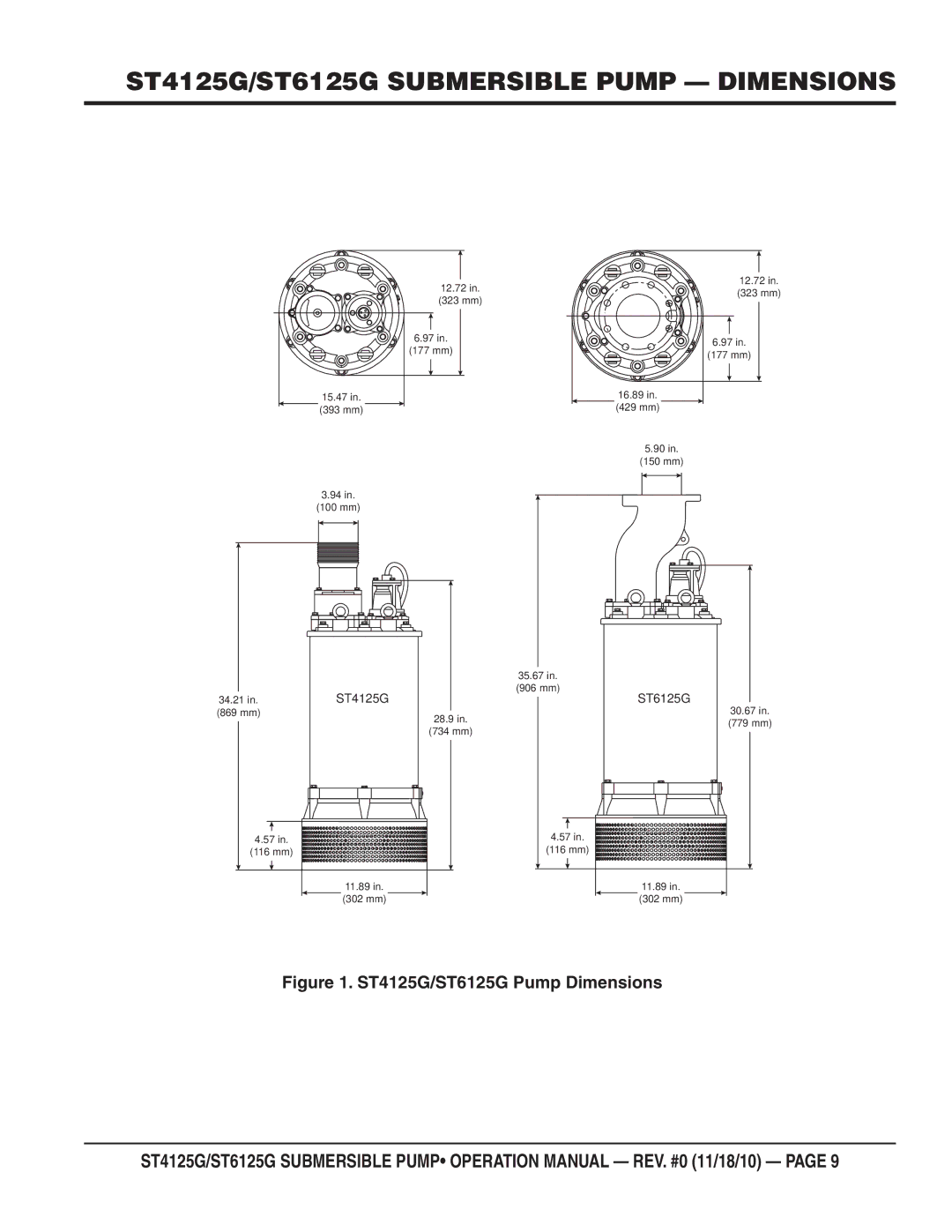 Multiquip operation manual ST4125G/ST6125G Submersible Pump Dimensions, ST4125G/ST6125G Pump Dimensions 