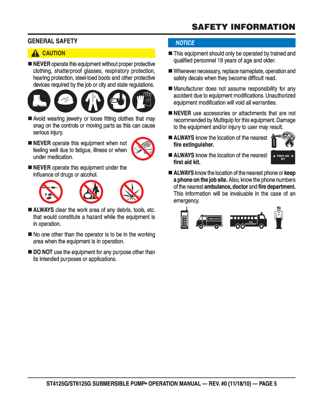 Multiquip ST4125G, ST6125G operation manual General Safety, ﬁre extinguisher, ﬁrst aid kit, Safety Information 