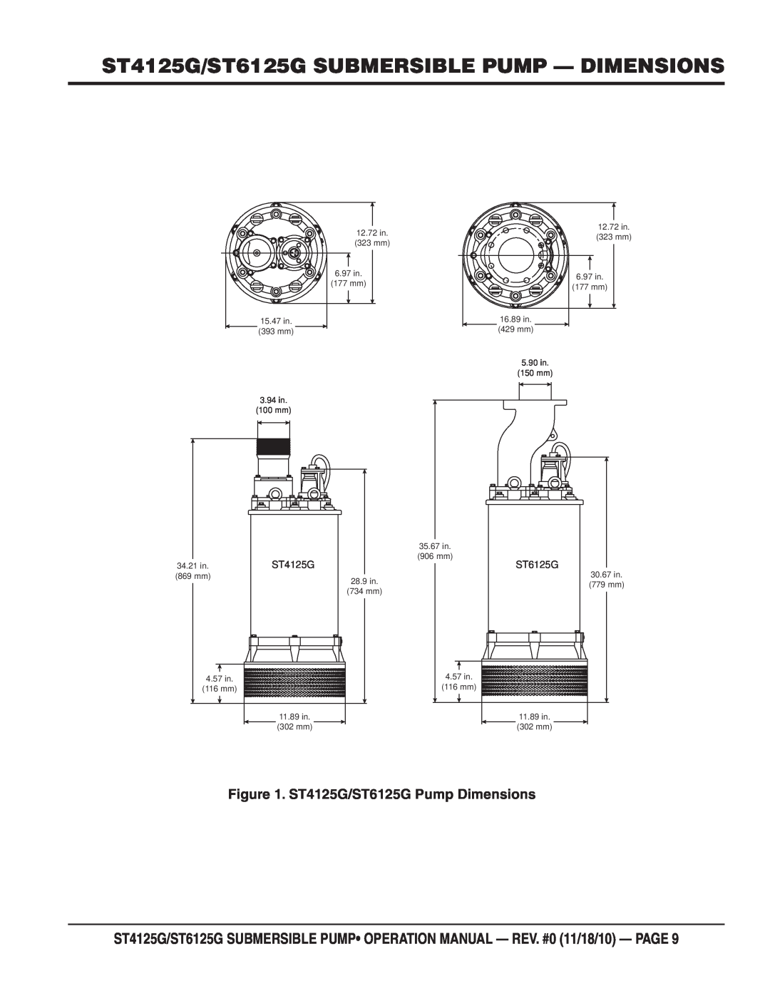 Multiquip operation manual ST4125G/ST6125G SUBMERSIBLE PUMP - DIMENSIONS, ST4125G/ST6125G Pump Dimensions 