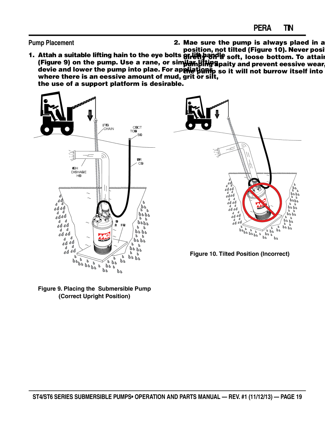 Multiquip ST41230, ST61460, ST41460, ST61230 manual Operation, Pump Placement 