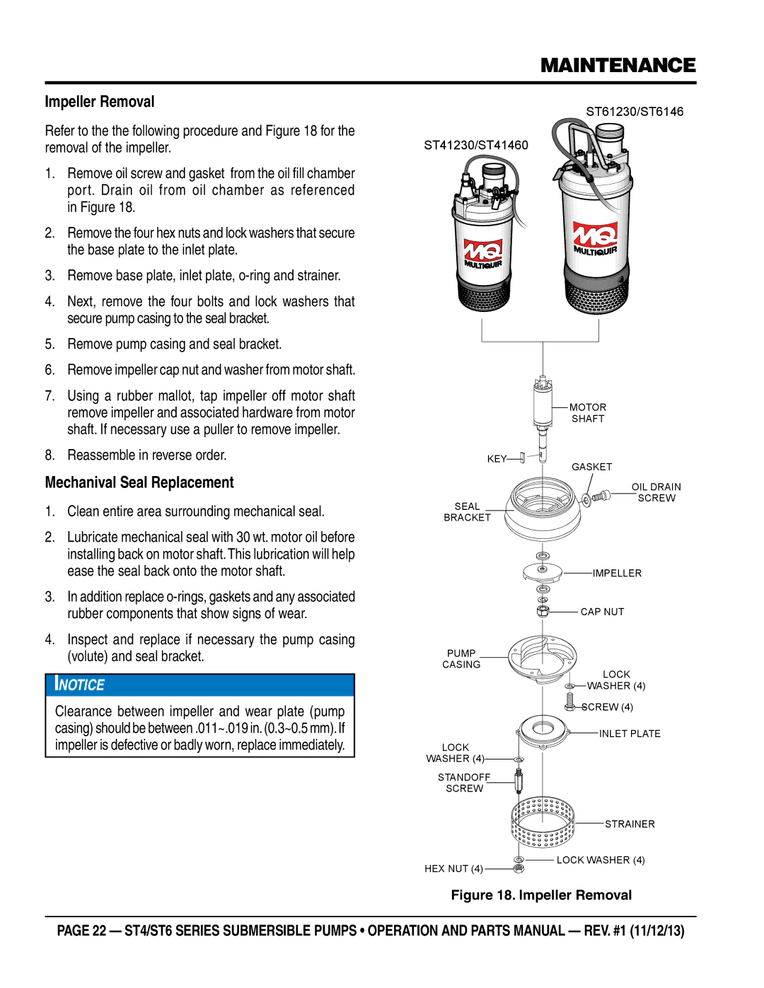 Multiquip ST61230, ST61460, ST41460, ST41230 manual Impeller Removal, Mechanival Seal Replacement 