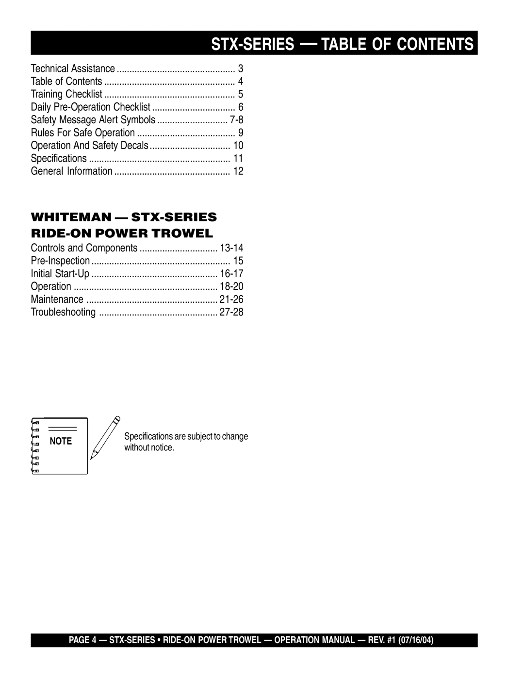 Multiquip STX55J6 operation manual STX-SERIES Table of Contents 