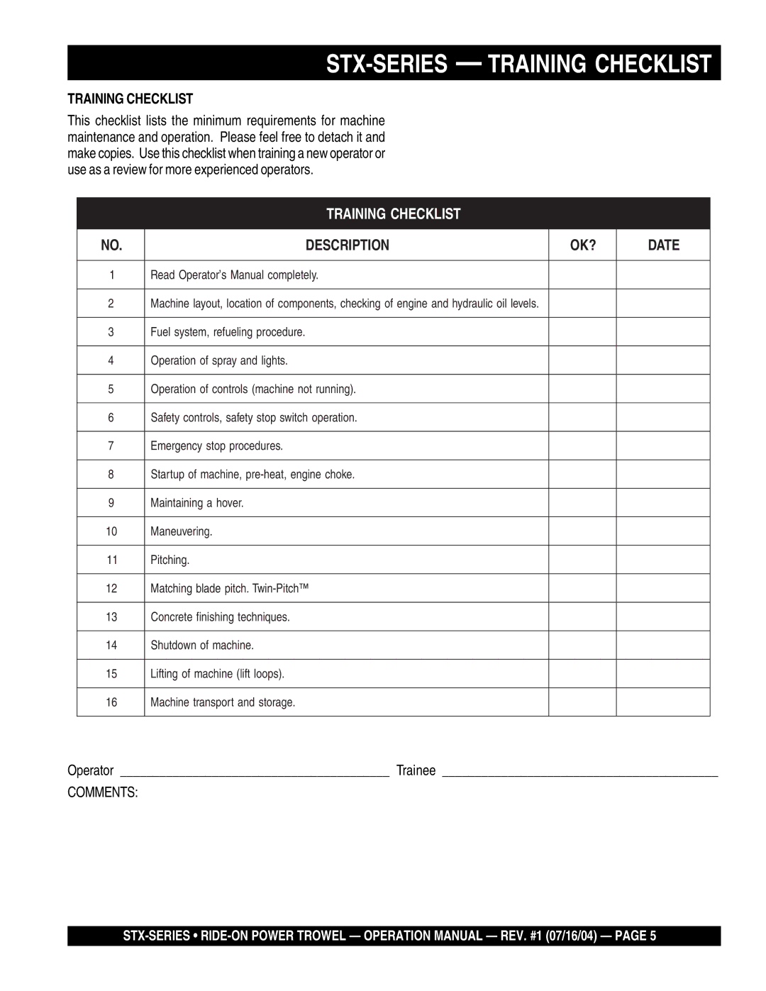 Multiquip STX55J6 operation manual STX-SERIES Training Checklist 