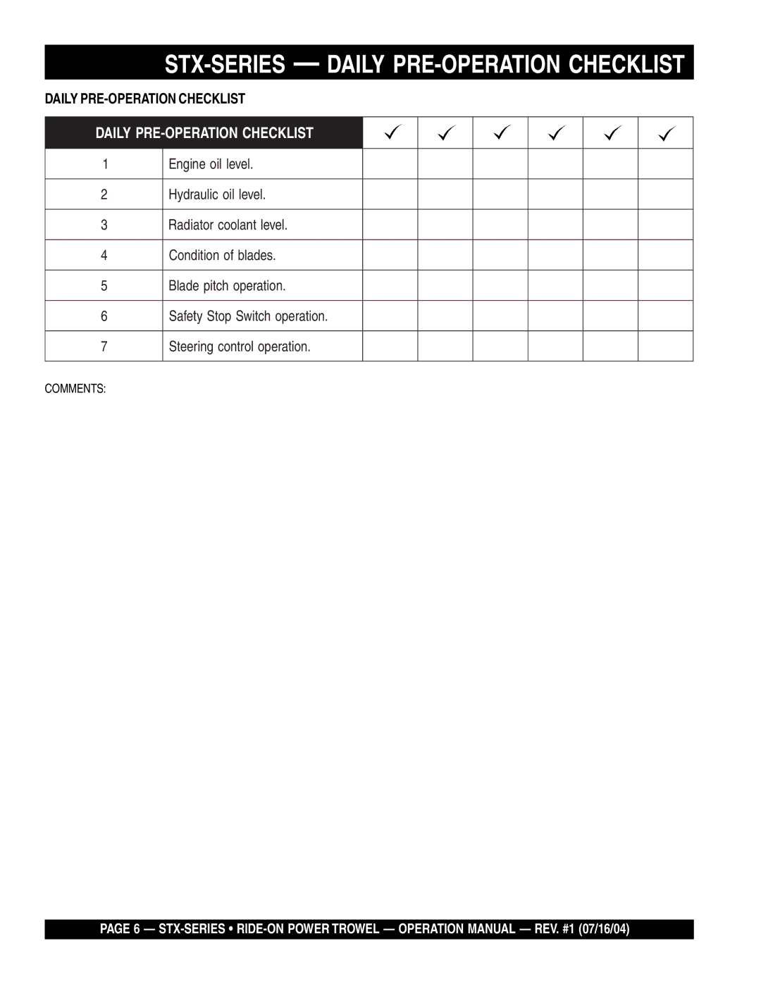 Multiquip STX55J6 operation manual STX-SERIES Daily PRE-OPERATION Checklist 