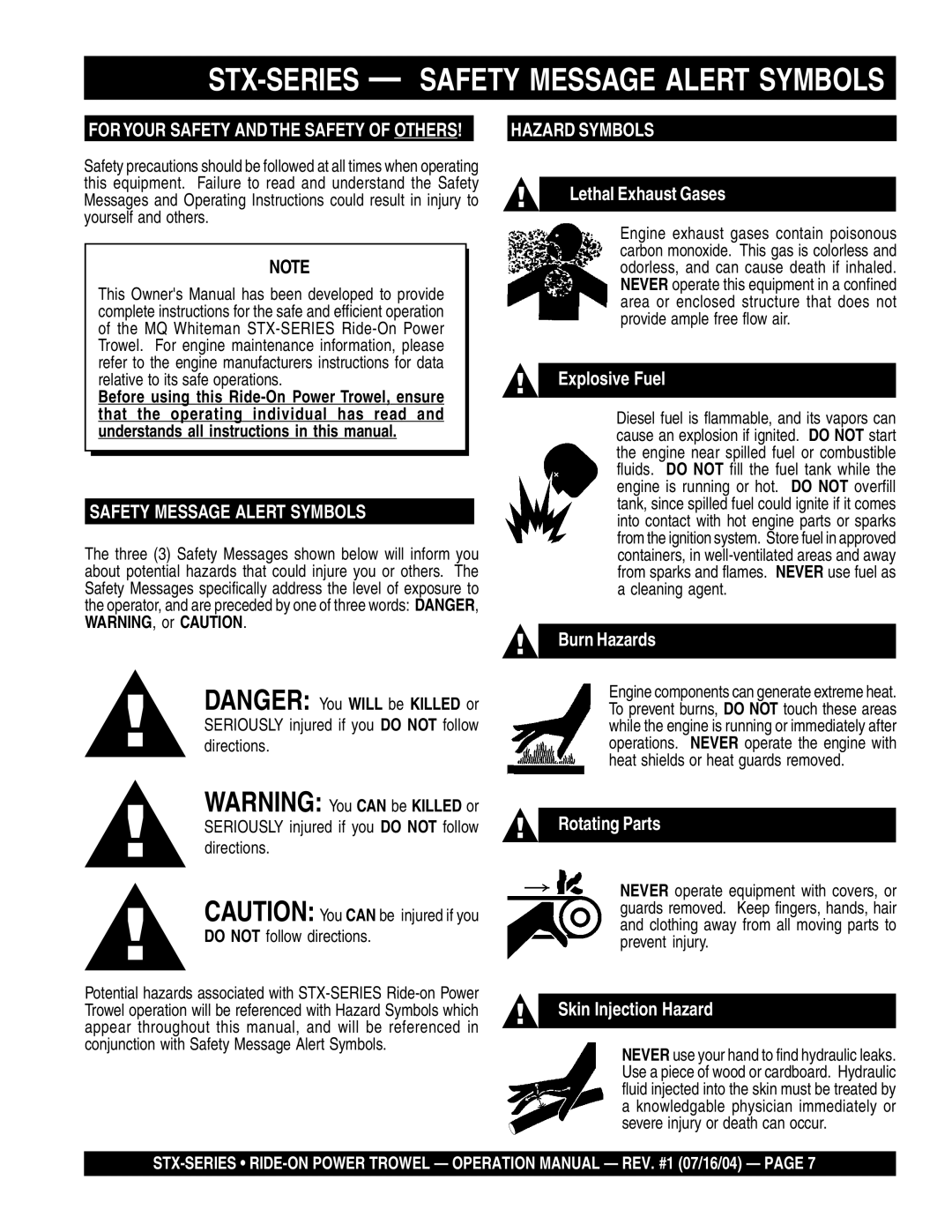 Multiquip STX55J6 operation manual STX-SERIES Safety Message Alert Symbols, Do not follow directions 