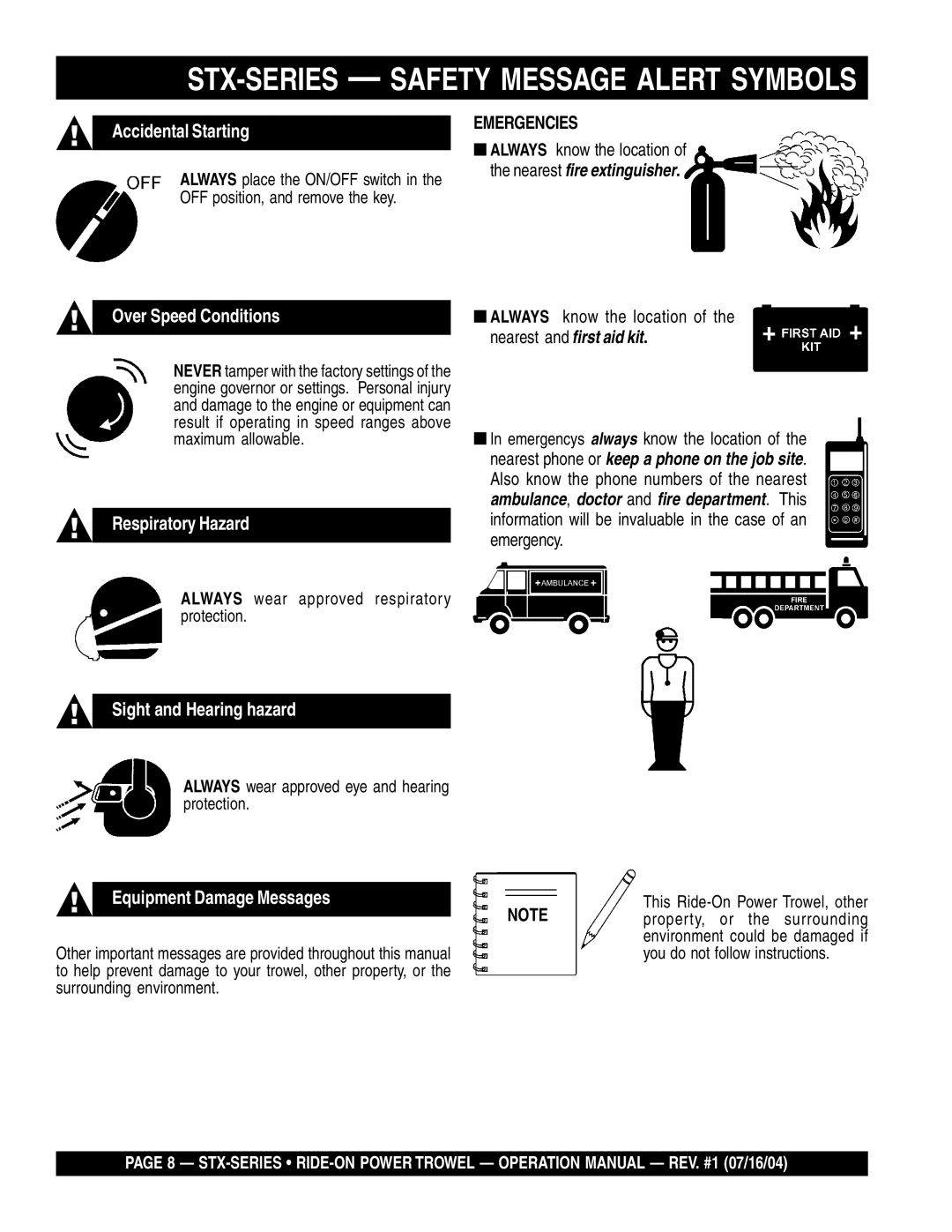 Multiquip STX55J6 operation manual STX-SERIES Safety Message Alert Symbols, Emergencies 