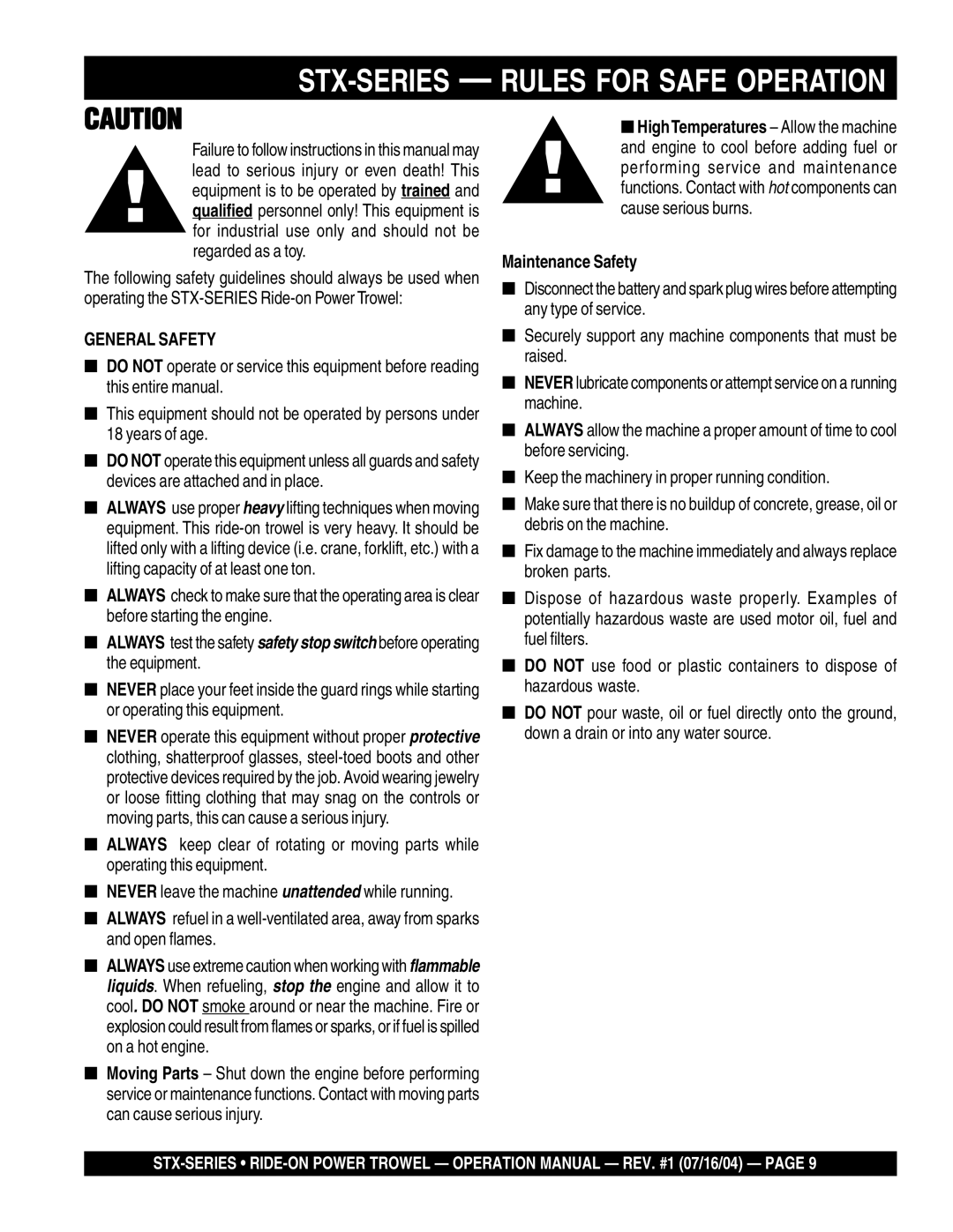 Multiquip STX55J6 operation manual General Safety, Maintenance Safety 