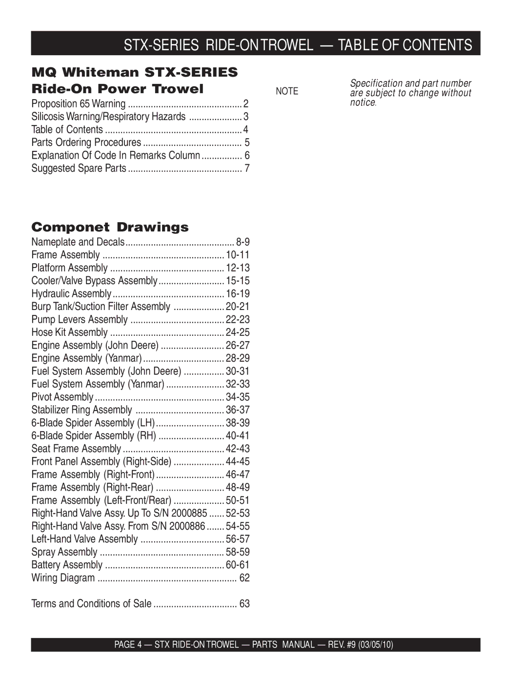 Multiquip STX55Y6, STX55J6 manual STX-SERIES RIDE-ONTROWEL Table of Contents 