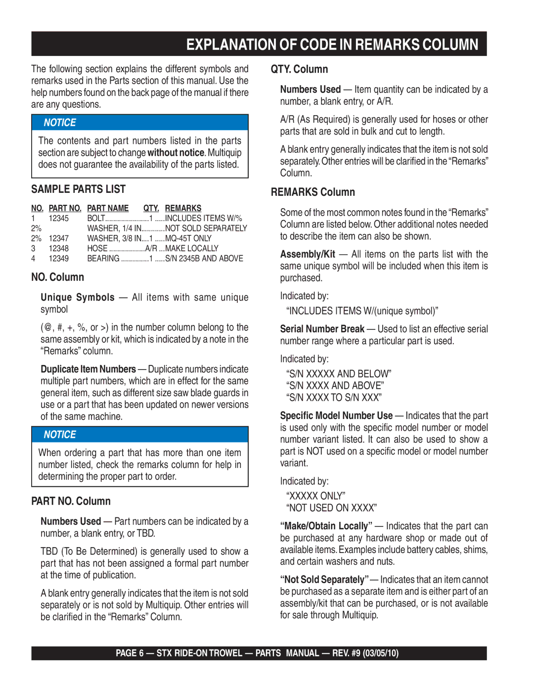 Multiquip STX55Y6, STX55J6 manual Explanation of Code in Remarks Column, Xxxxx only Not Used on 